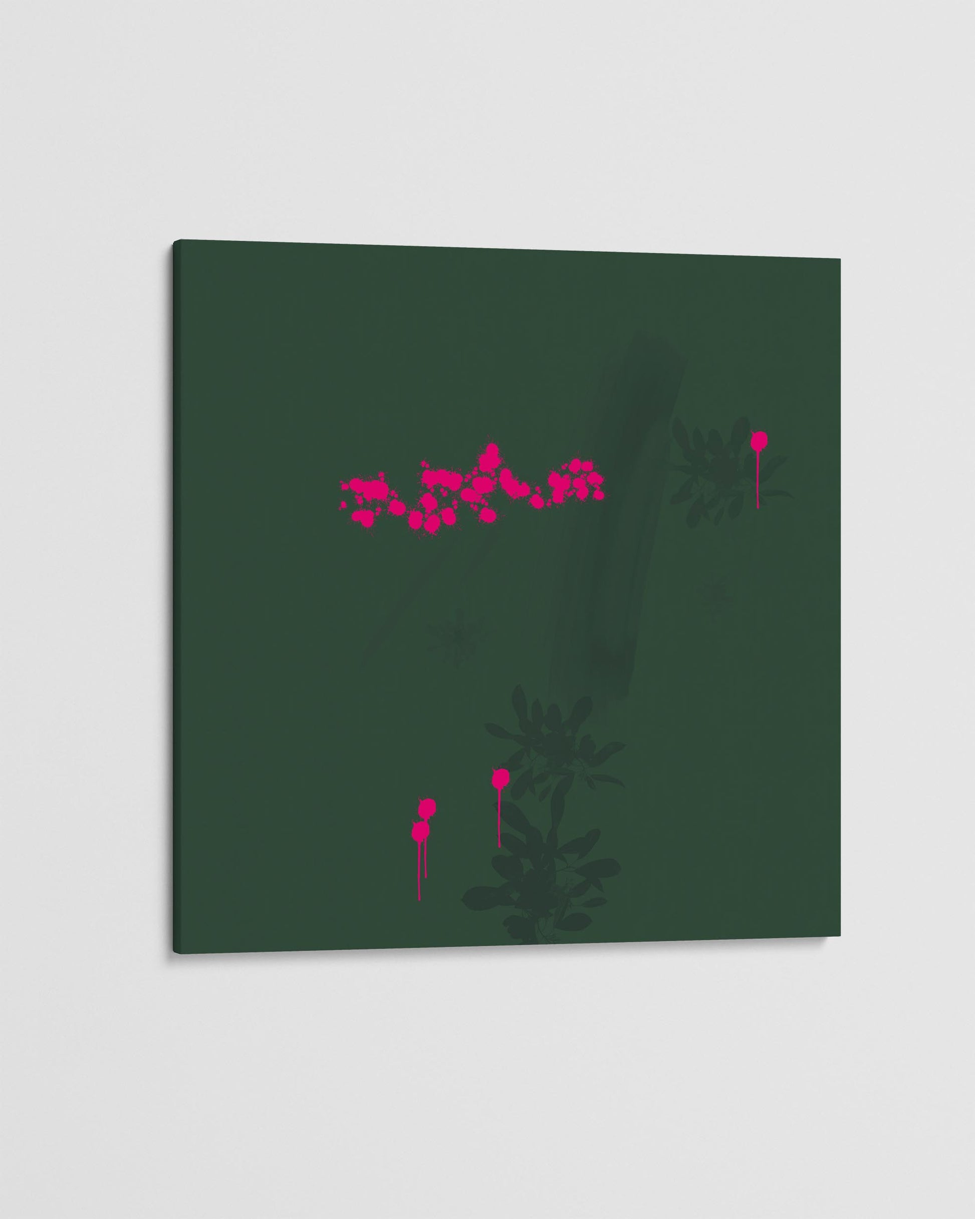 Abstract art piece with pink and black elements on a dark green background