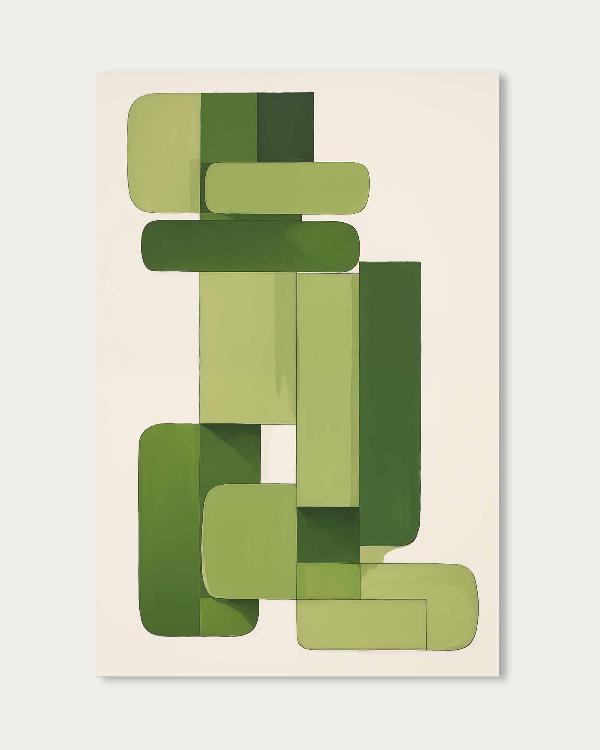 Abstract art piece with green geometric shapes on a beige background