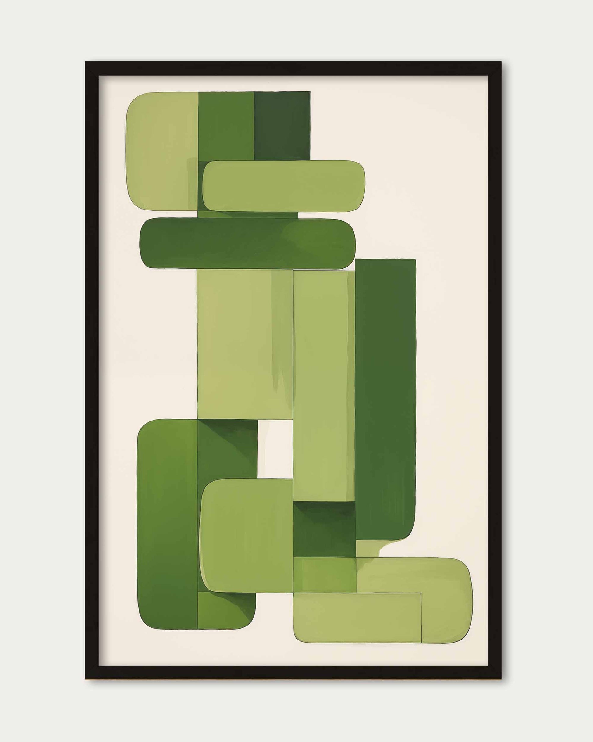 Framed abstract art piece with green geometric shapes on a beige background