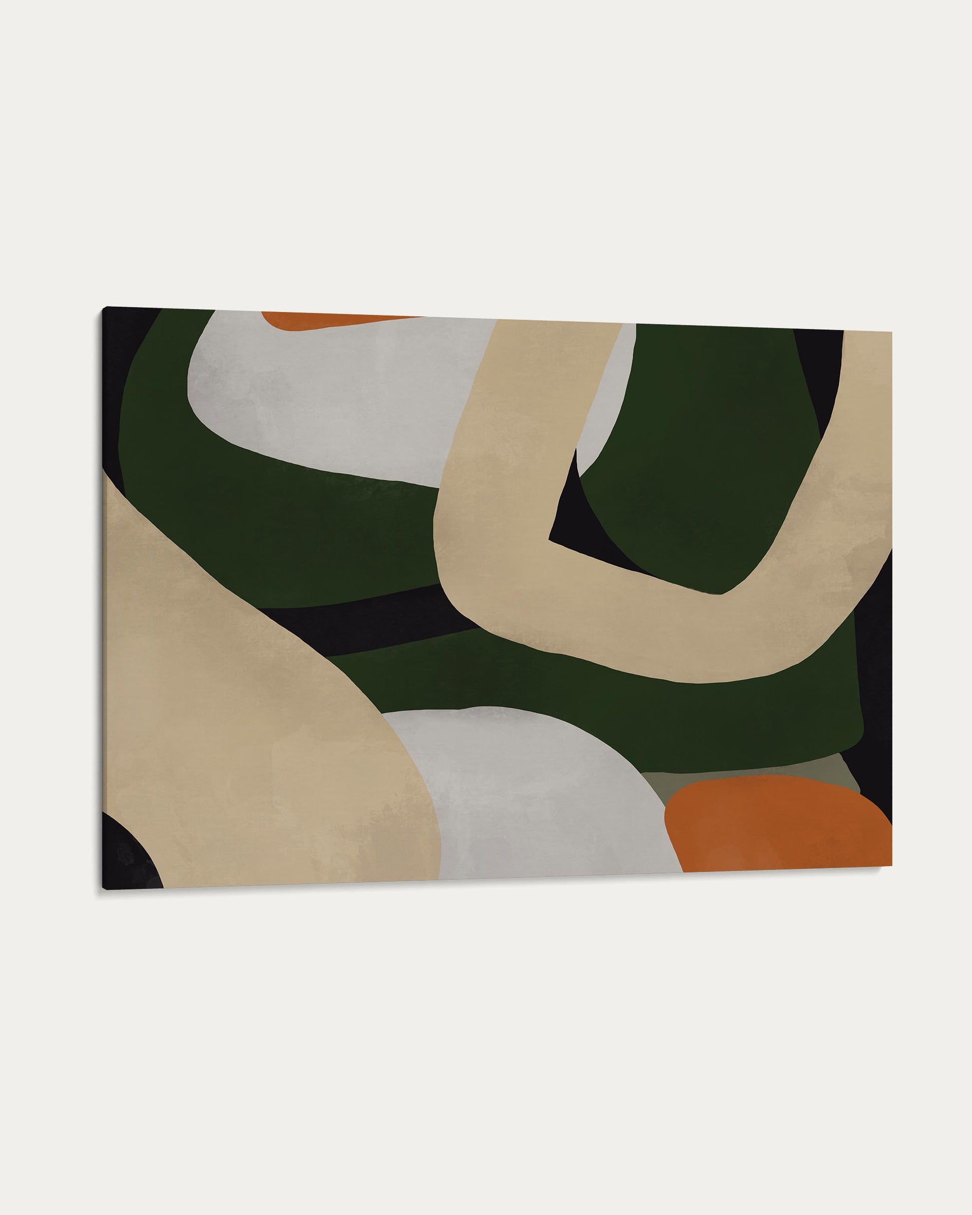 Abstract art print with geometric shapes in green, beige, and orange on a white background