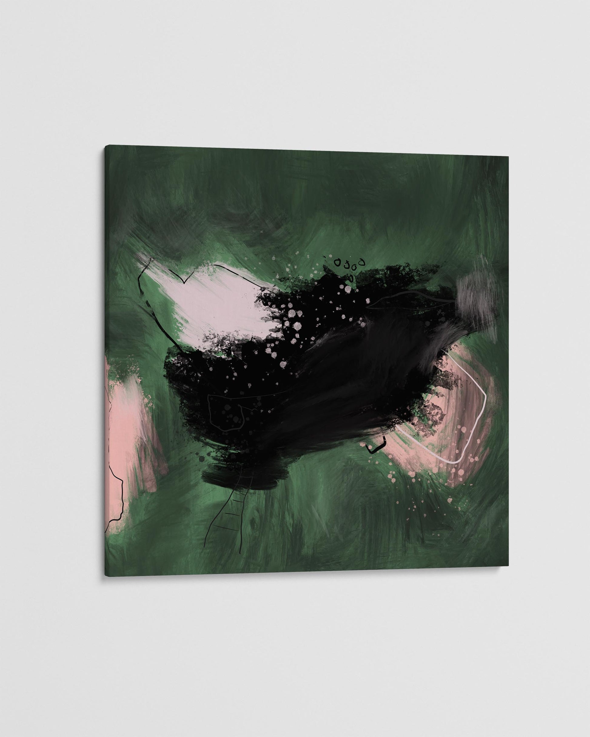 Abstract art piece with green and black colors on a light gray background