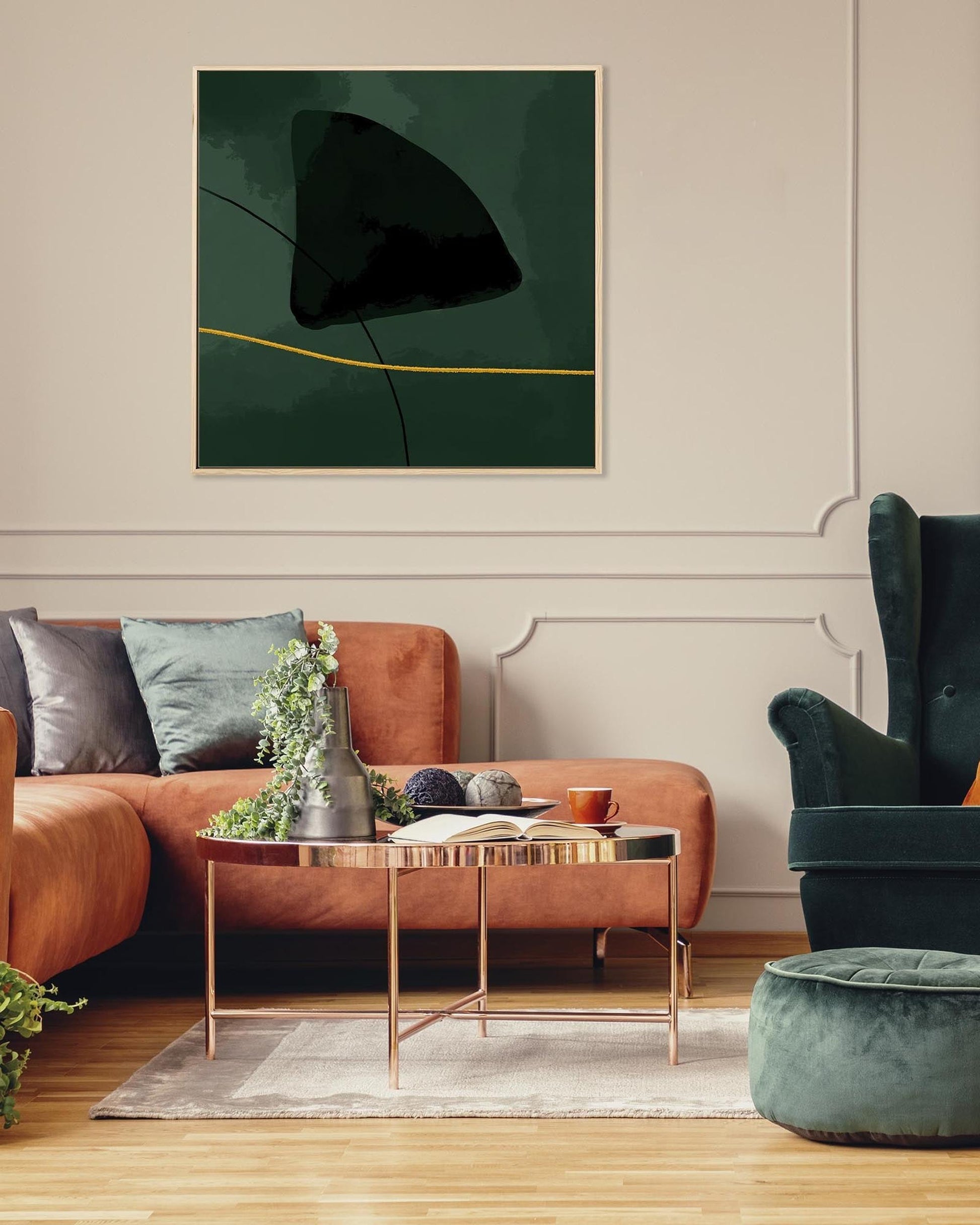 Modern living room with a brown sofa, green armchair, and abstract art on the wall.