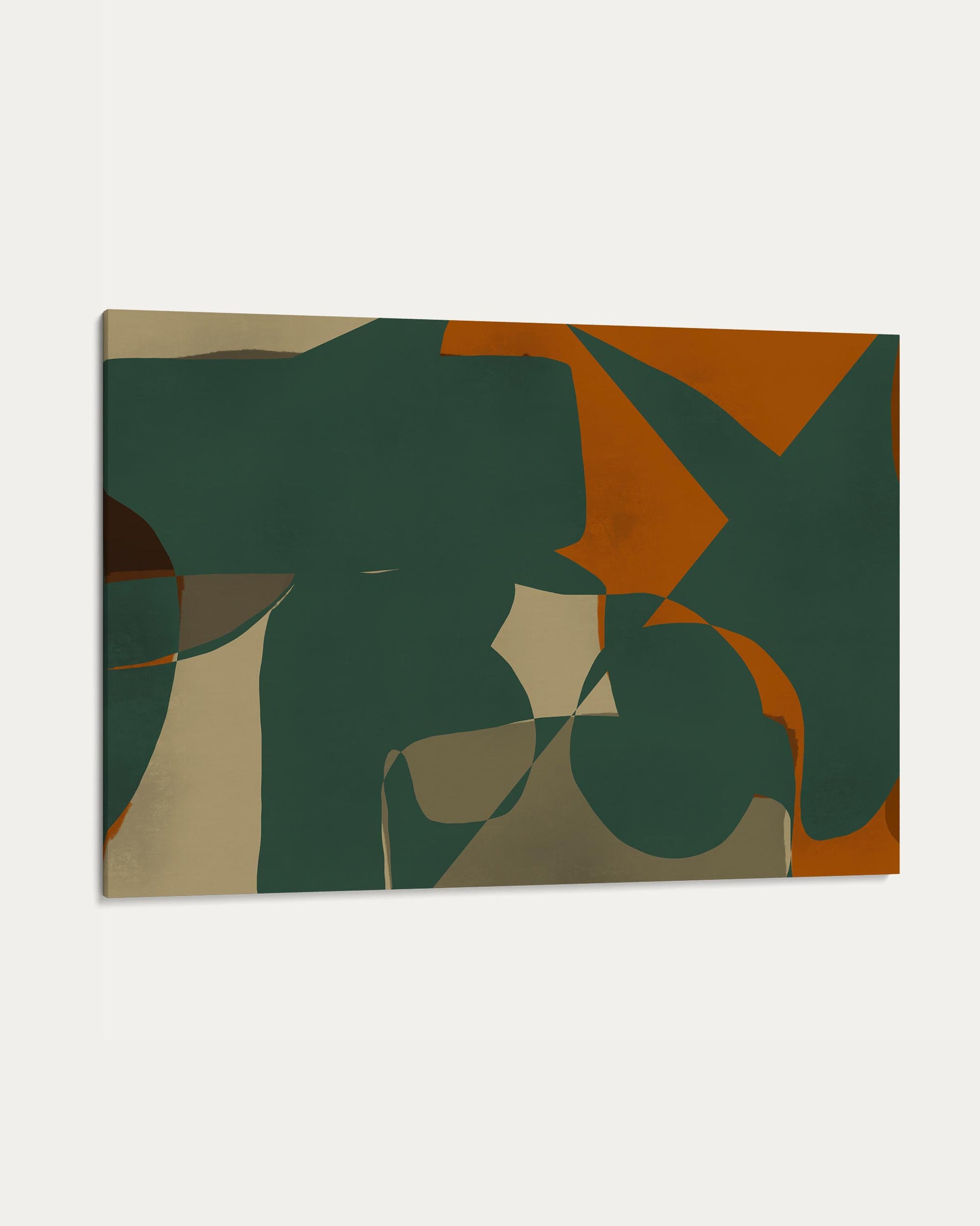 Abstract art piece with geometric shapes in green, brown, and beige on a white background