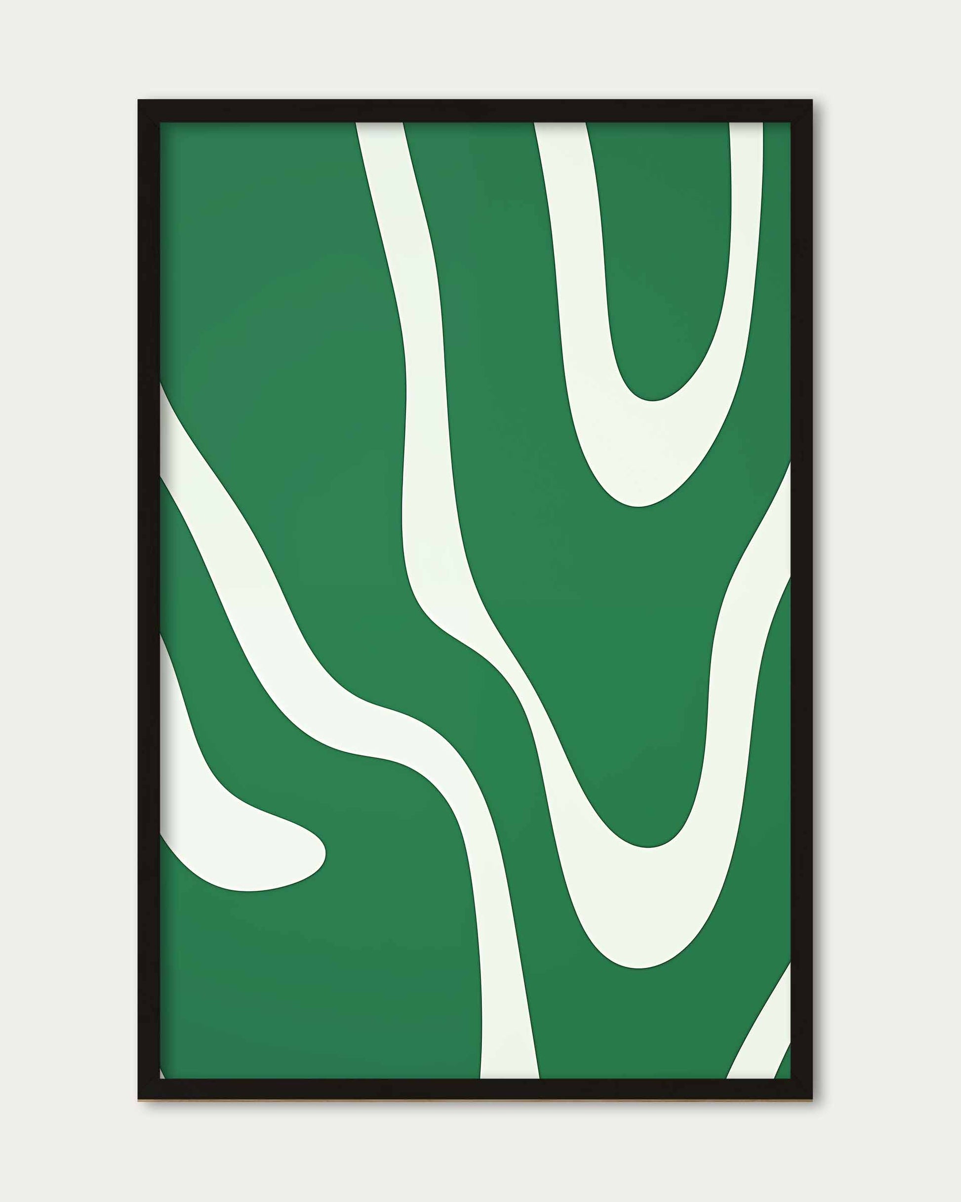 Framed abstract art with wavy white lines on a green background