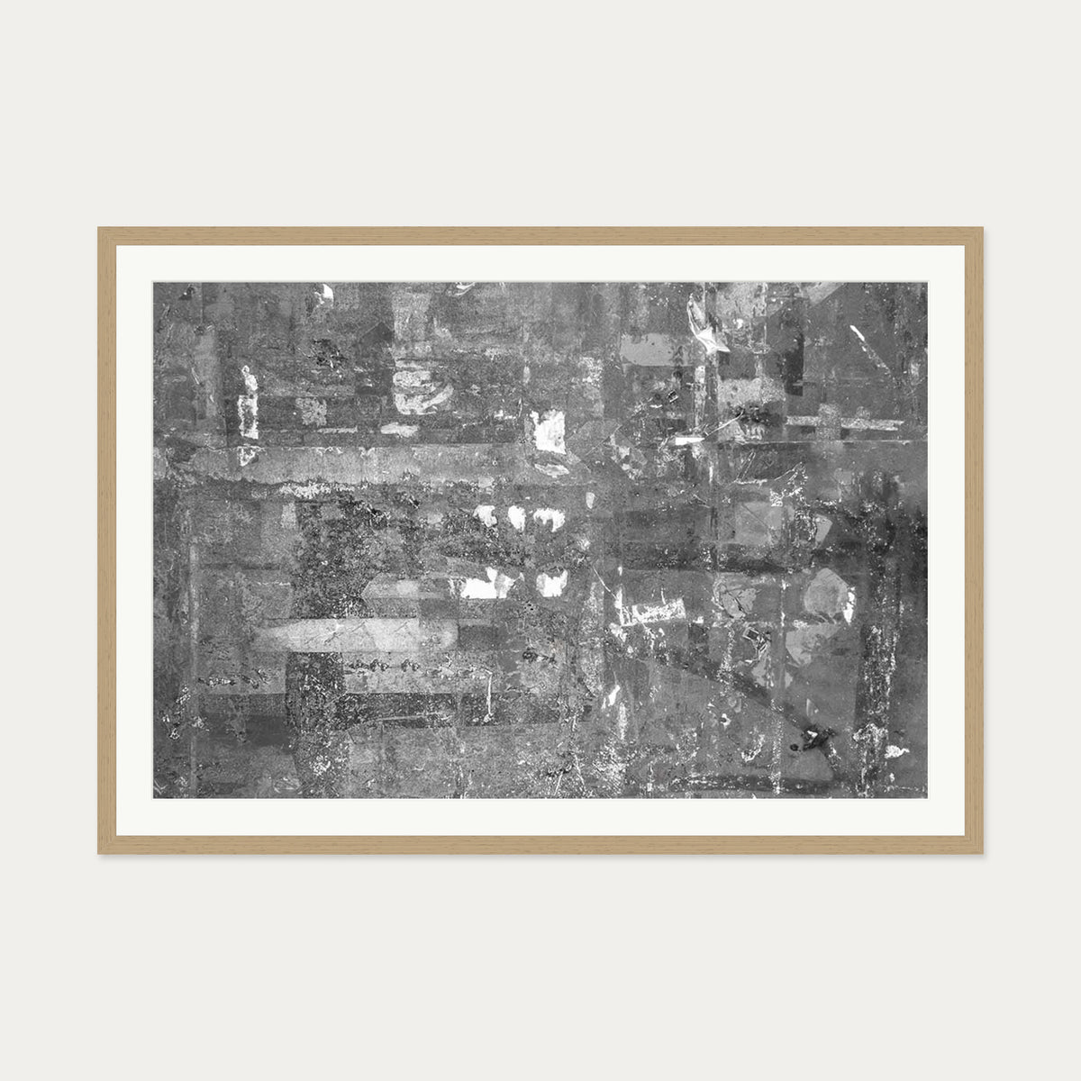 Grey Abstract Collage Art Print — 70 x 100 cm — Oak Frame
