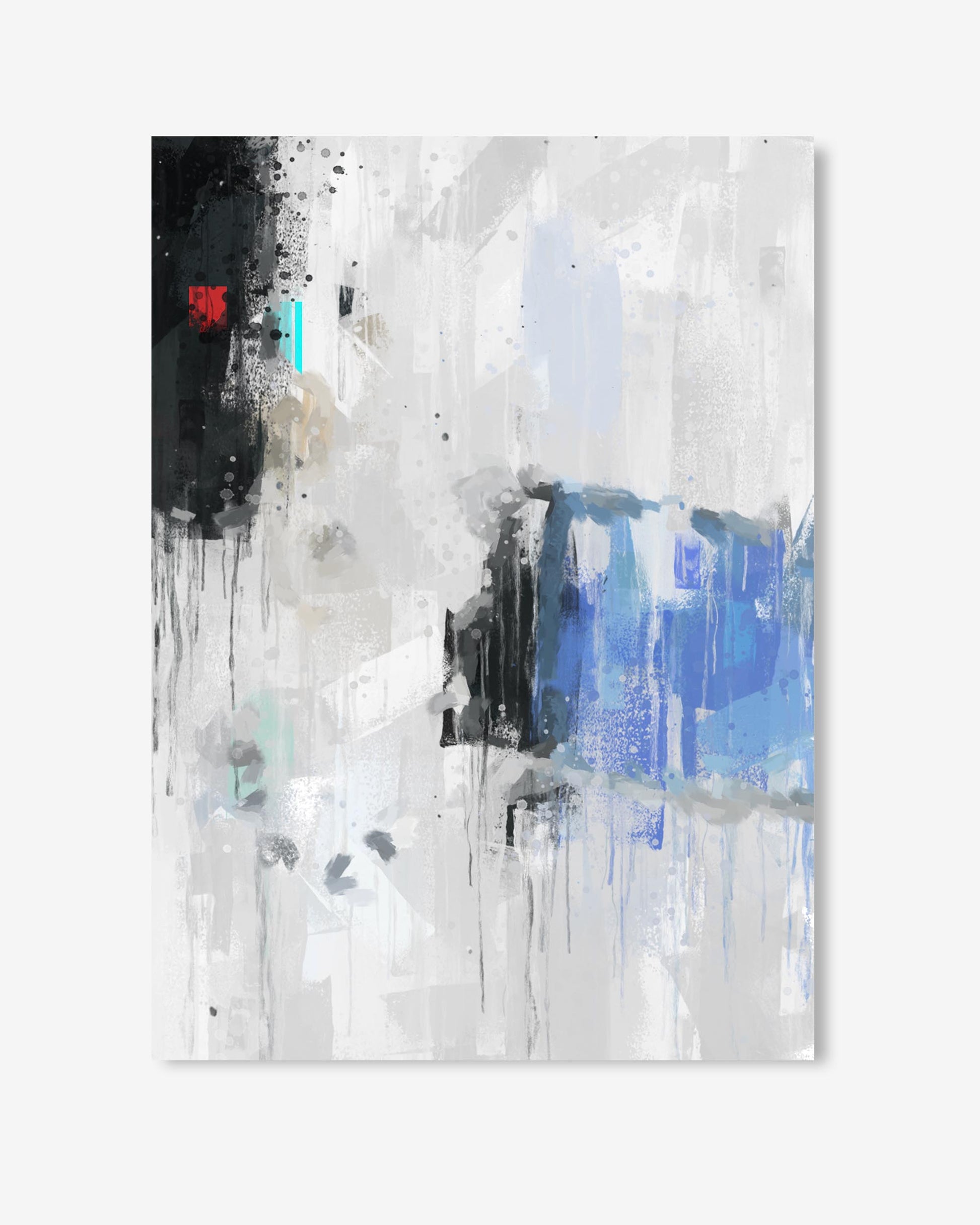 Abstract art painting with black, white, and blue colors on a white background