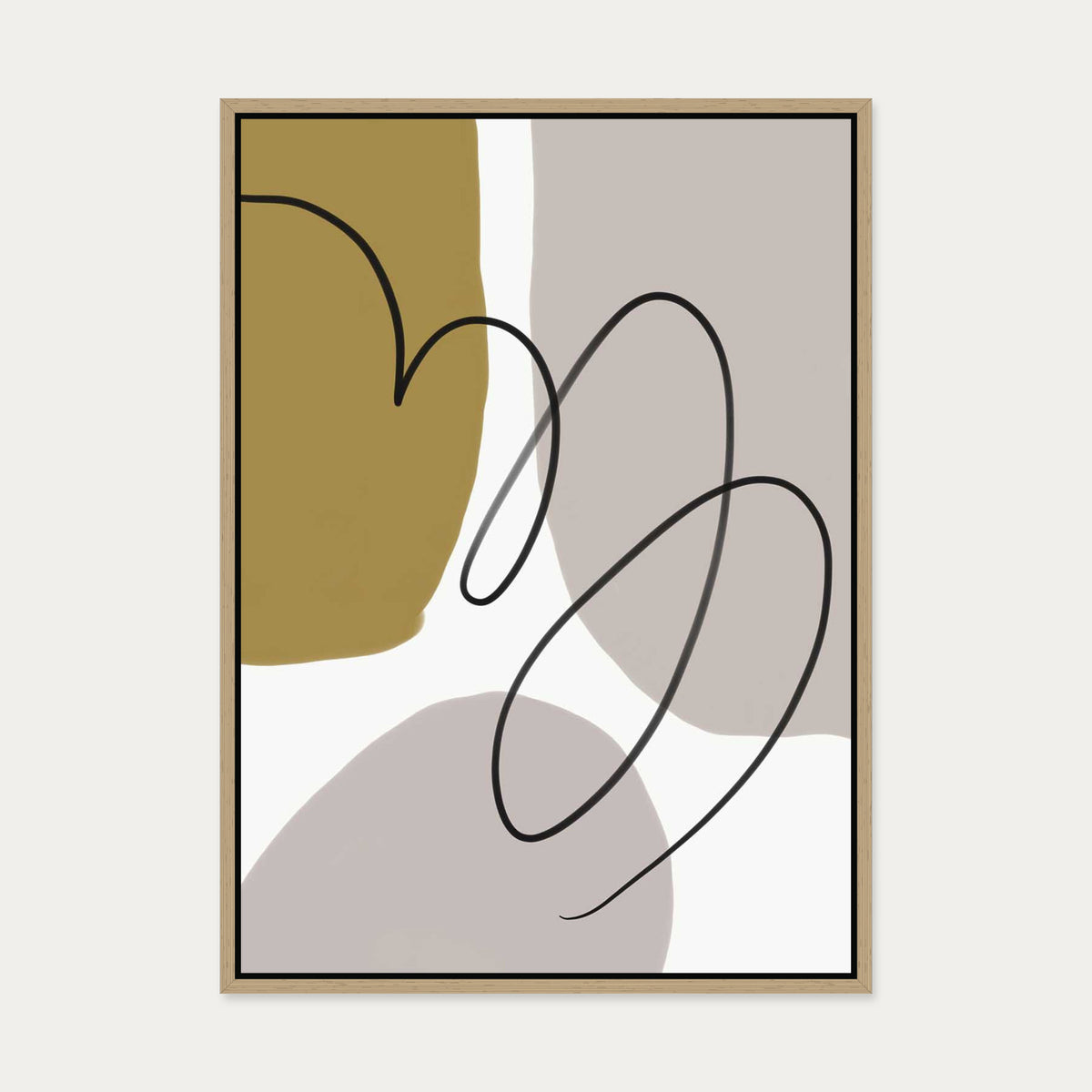 Grey And Mustard Abstract Lines Canvas Art — 50 x 70 cm — Oak Frame