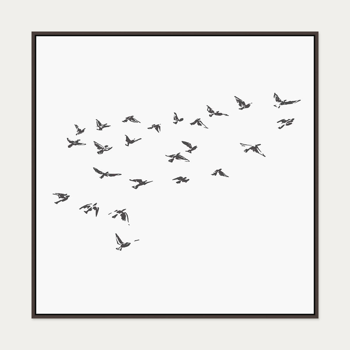 Grey Bird Sketches Canvas Art — 100 x 100 cm — Brown Frame