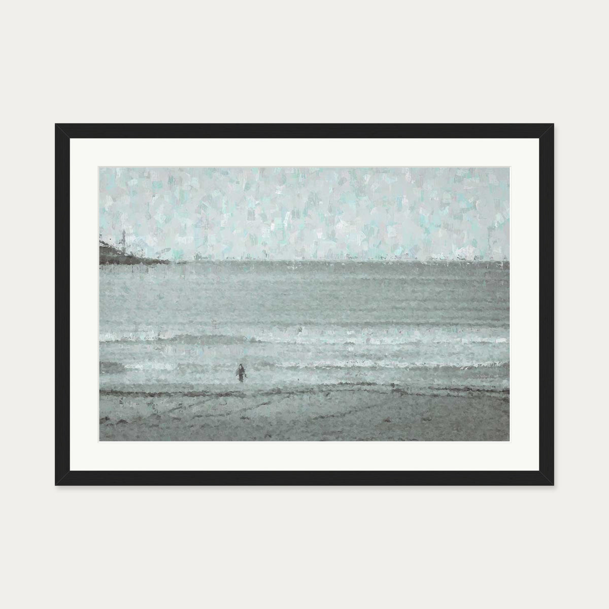 Grey Coastal Waves Art Print — 50 x 70 cm — Black Frame