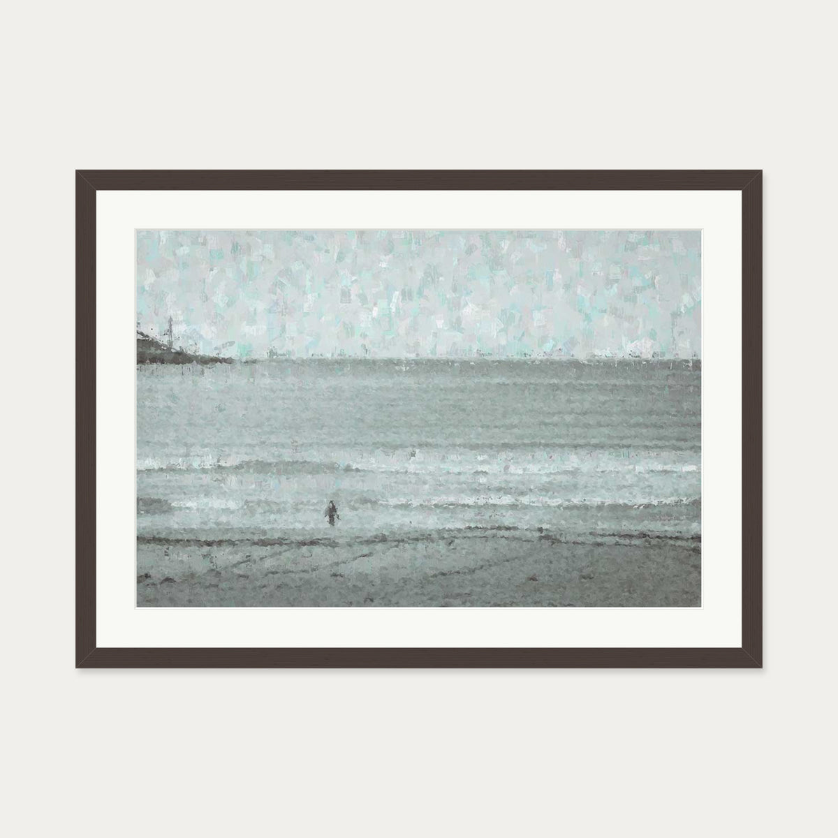 Grey Coastal Waves Art Print — 50 x 70 cm — Brown Frame