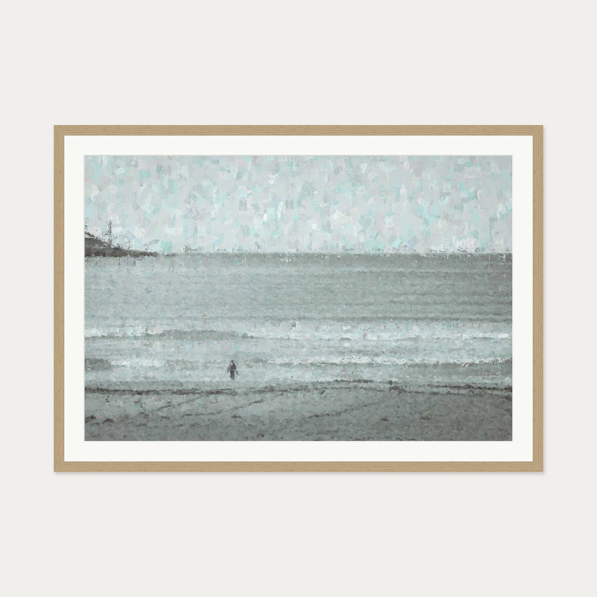 Grey Coastal Waves Art Print — 70 x 100 cm — Oak Frame