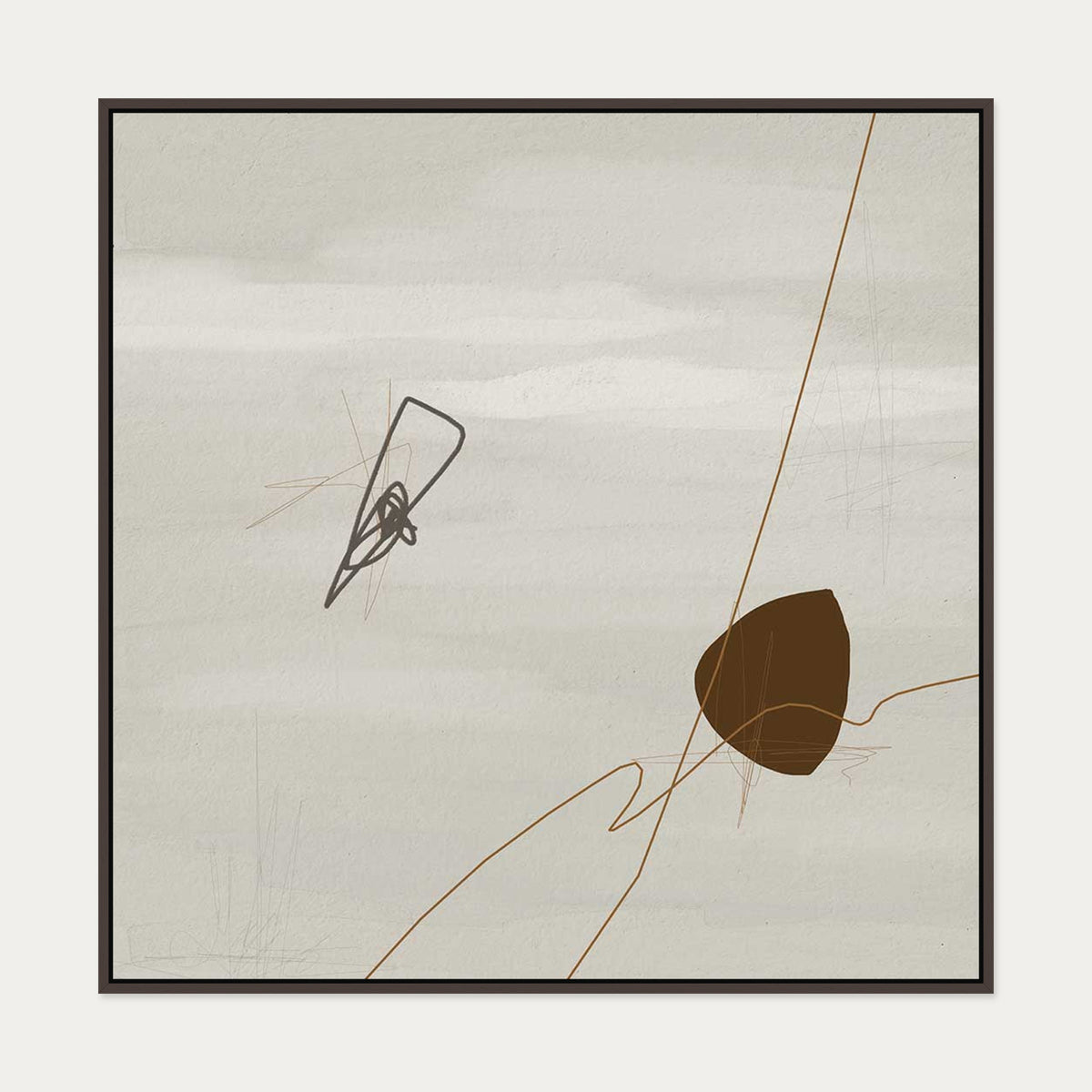 Grey Neutral Abstract Canvas Art — 100 x 100 cm — Brown Frame