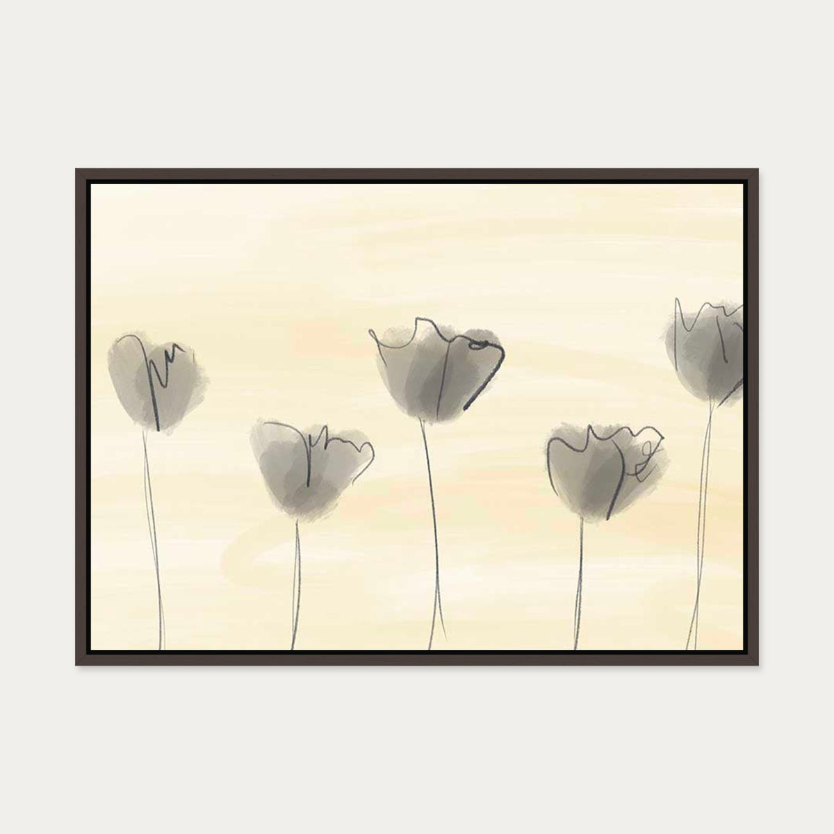 Grey Poppies In Field Canvas Art — 50 x 70 cm — Brown Frame