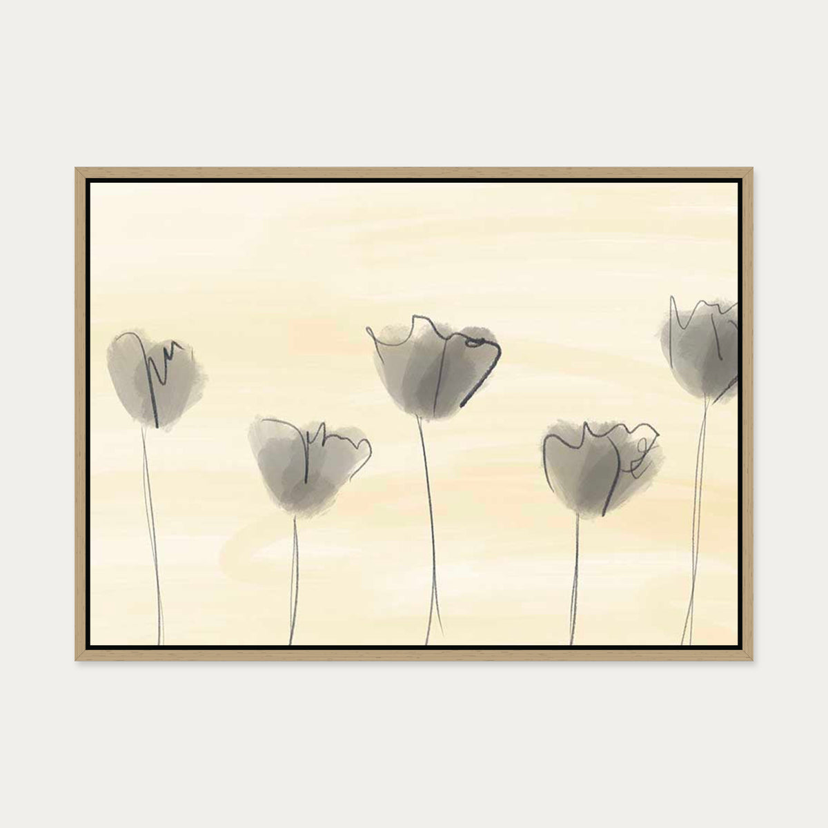 Grey Poppies In Field Canvas Art — 50 x 70 cm — Oak Frame