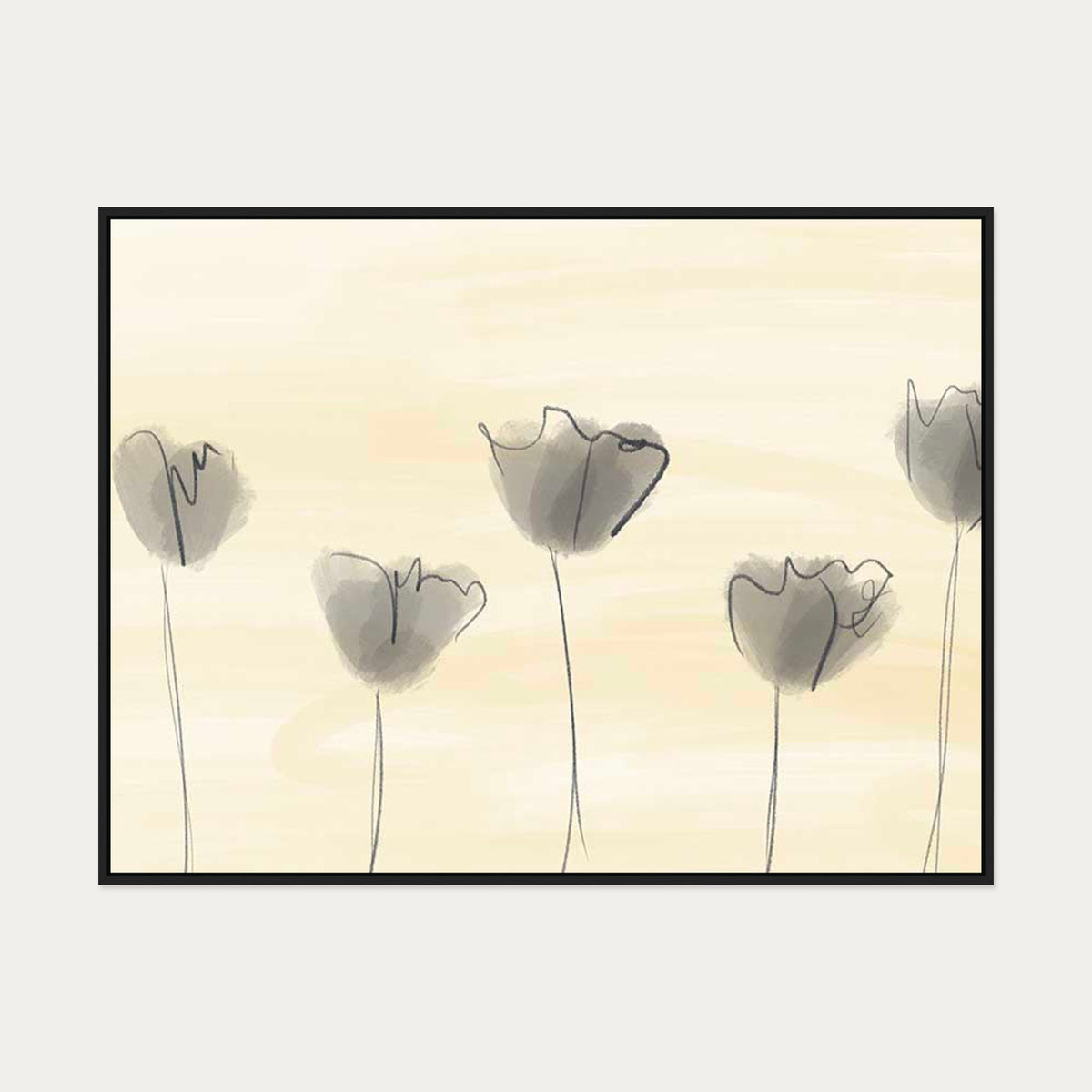 Grey Poppies In Field Canvas Art — 90 x 120 cm — Black Frame