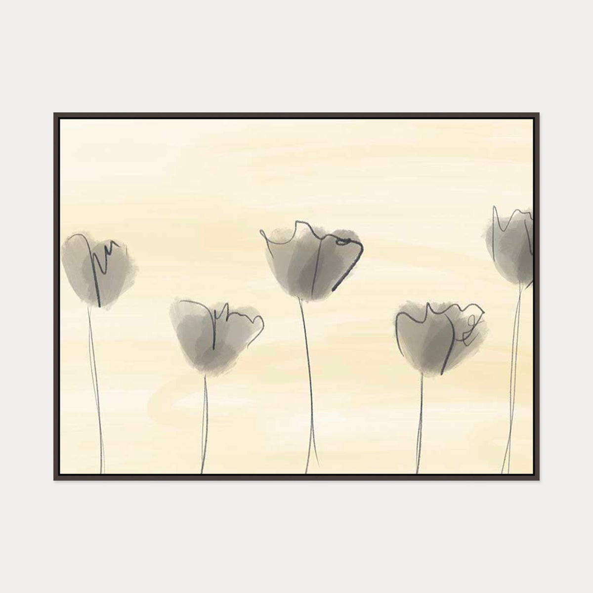 Grey Poppies In Field Canvas Art — 90 x 120 cm — Brown Frame