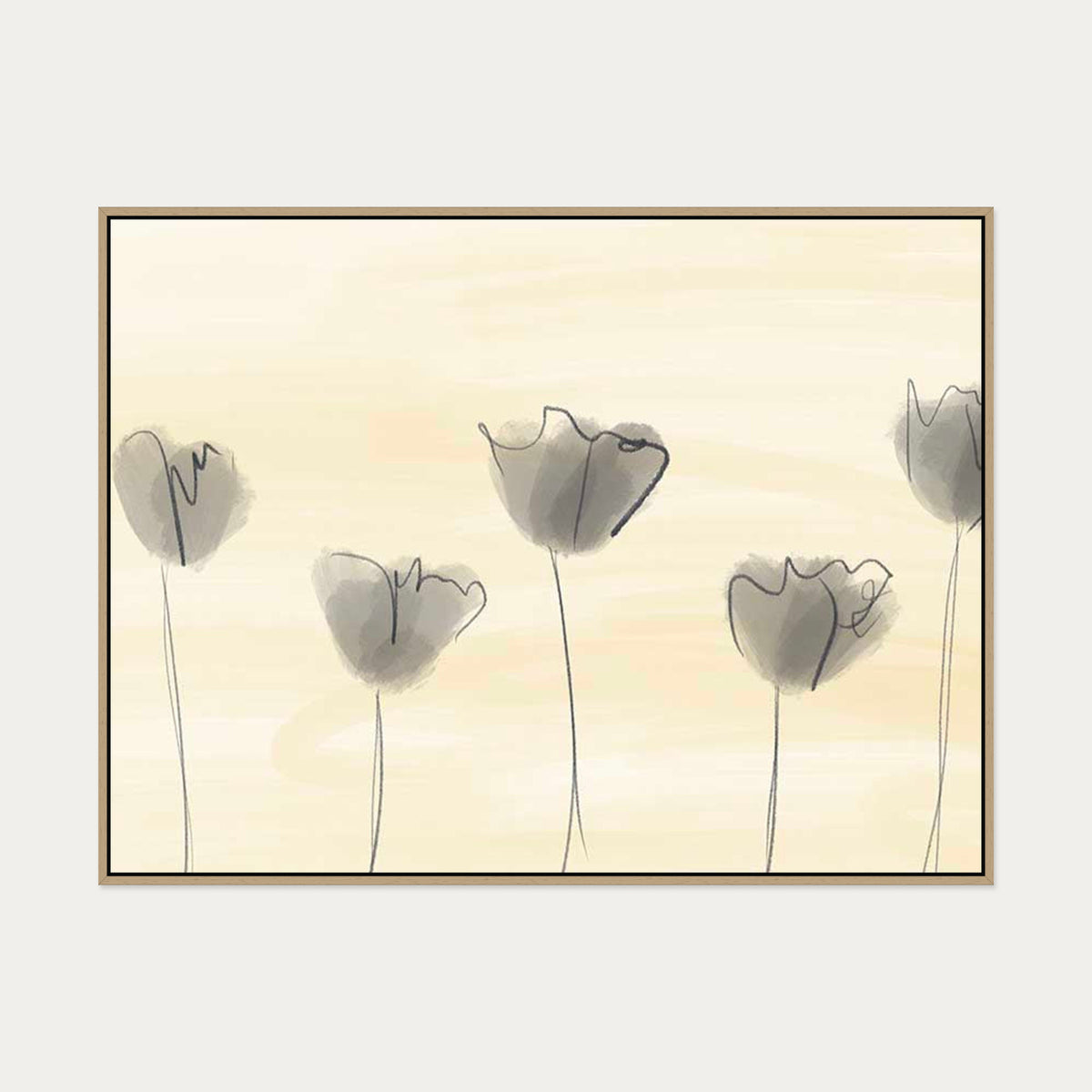 Grey Poppies In Field Canvas Art — 90 x 120 cm — Oak Frame