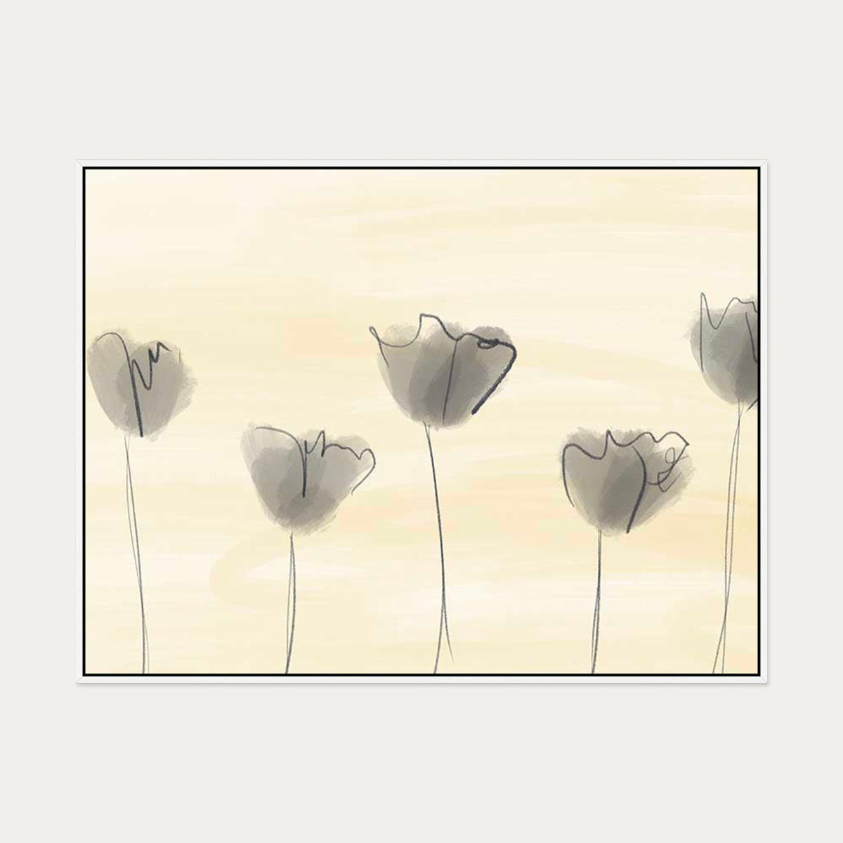 Grey Poppies In Field Canvas Art — 90 x 120 cm — White Frame