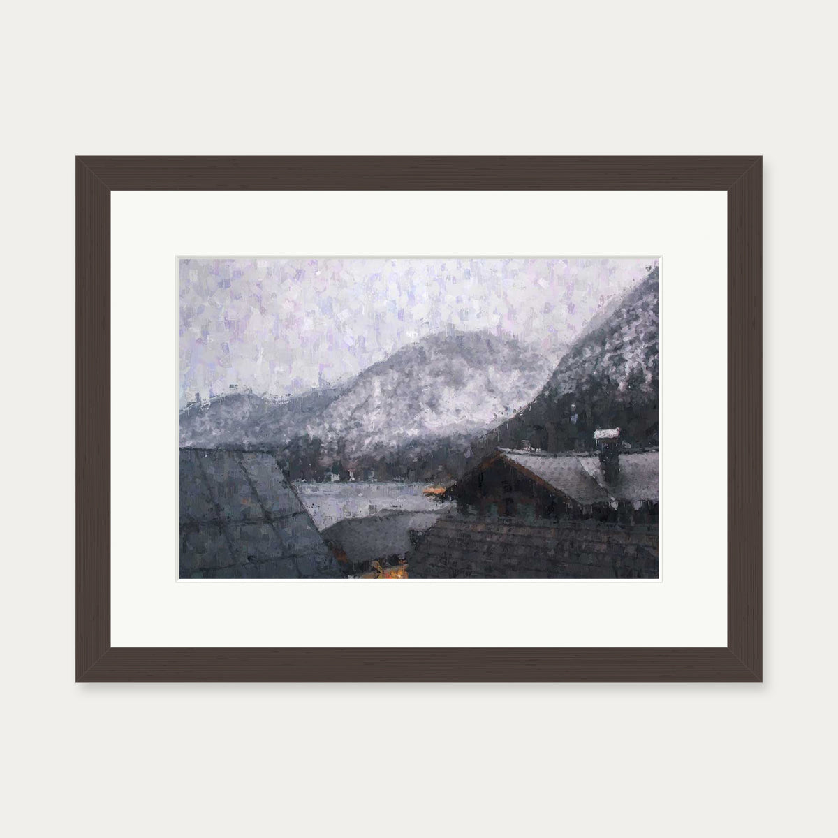 Grey Snow Mountain Impressionist Art Print — 30 x 40 cm — Brown Frame