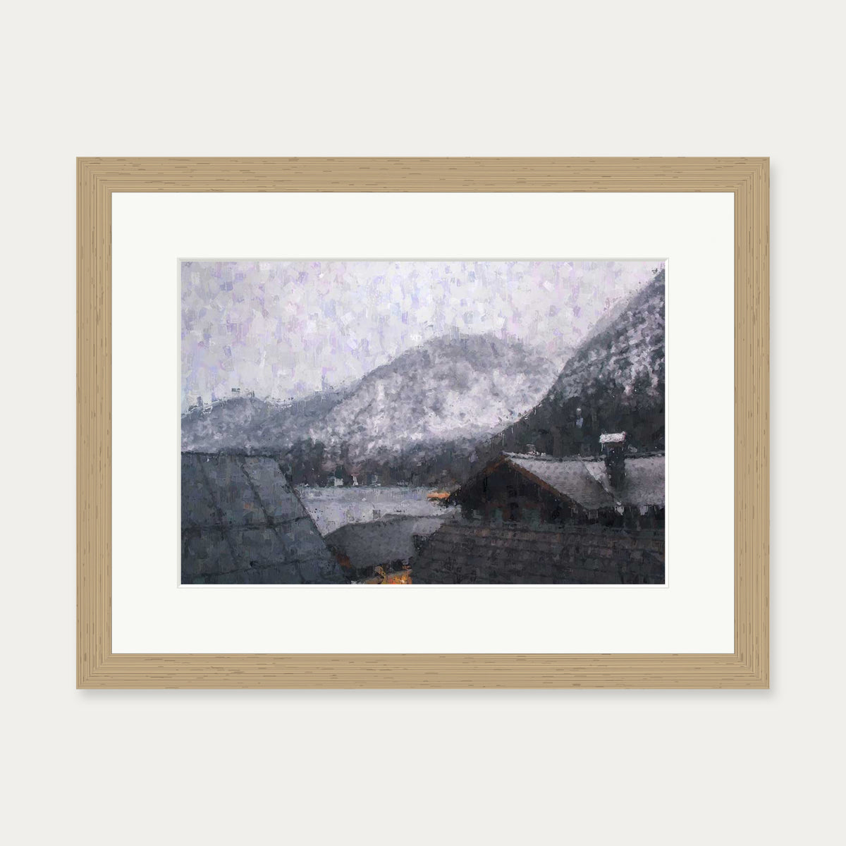Grey Snow Mountain Impressionist Art Print — 30 x 40 cm — Oak Frame