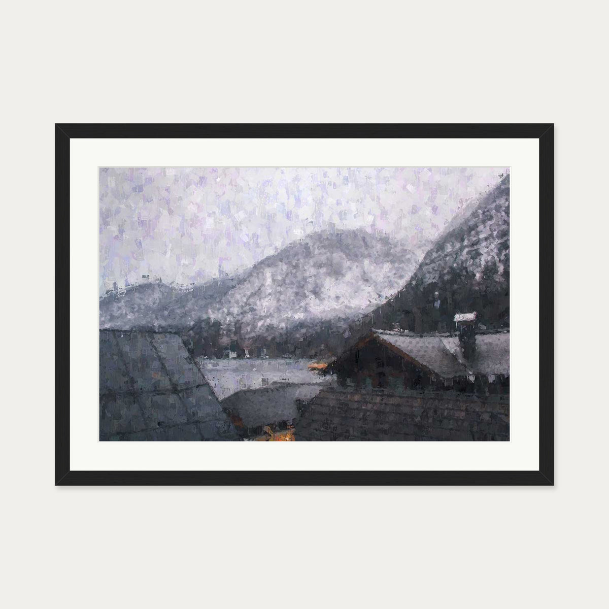 Grey Snow Mountain Impressionist Art Print — 50 x 70 cm — Black Frame
