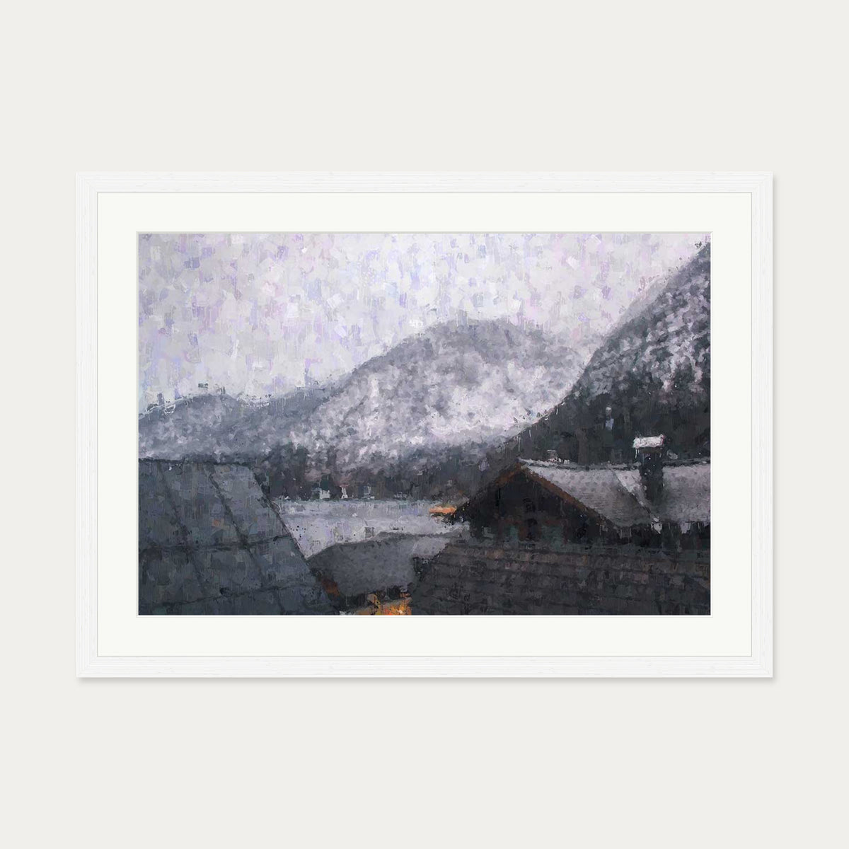 Grey Snow Mountain Impressionist Art Print — 50 x 70 cm — White Frame