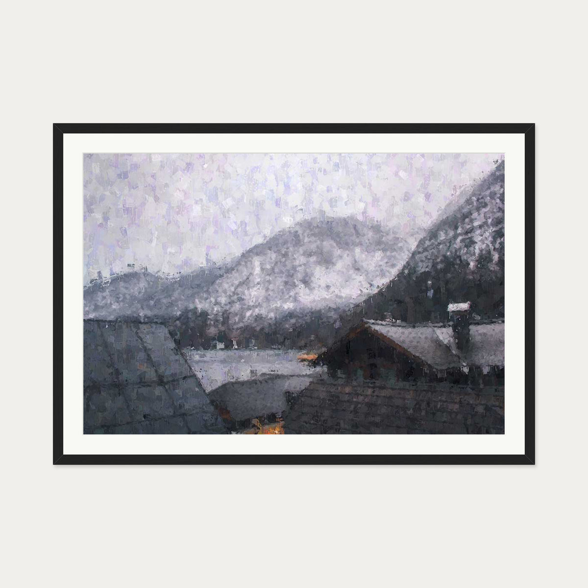 Grey Snow Mountain Impressionist Art Print — 70 x 100 cm — Black Frame