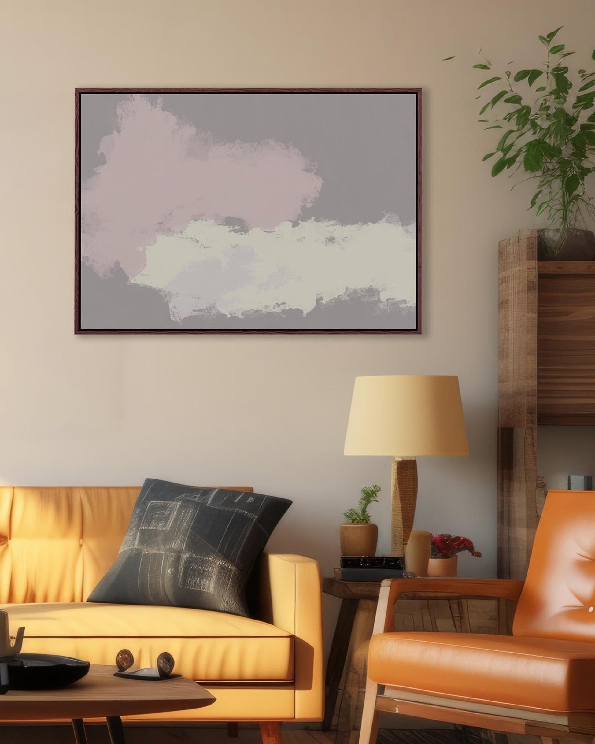 Living room with a couch, chair, lamp, and abstract painting on the wall.