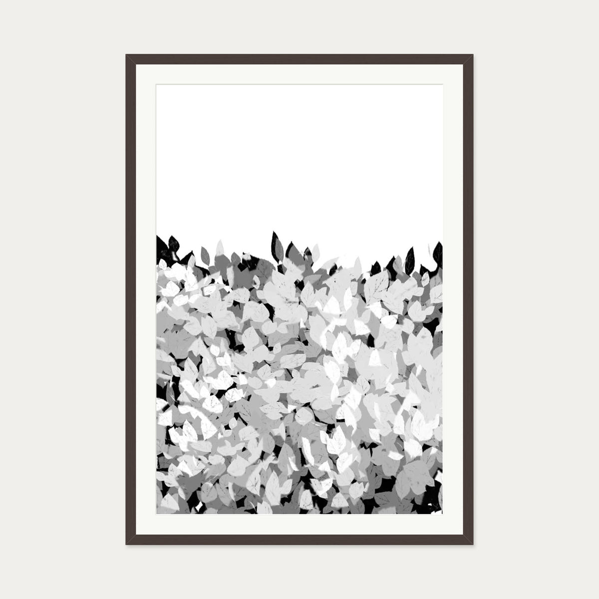 Grey Tonal Leaves Art Print — 70 x 100 cm — Brown Frame