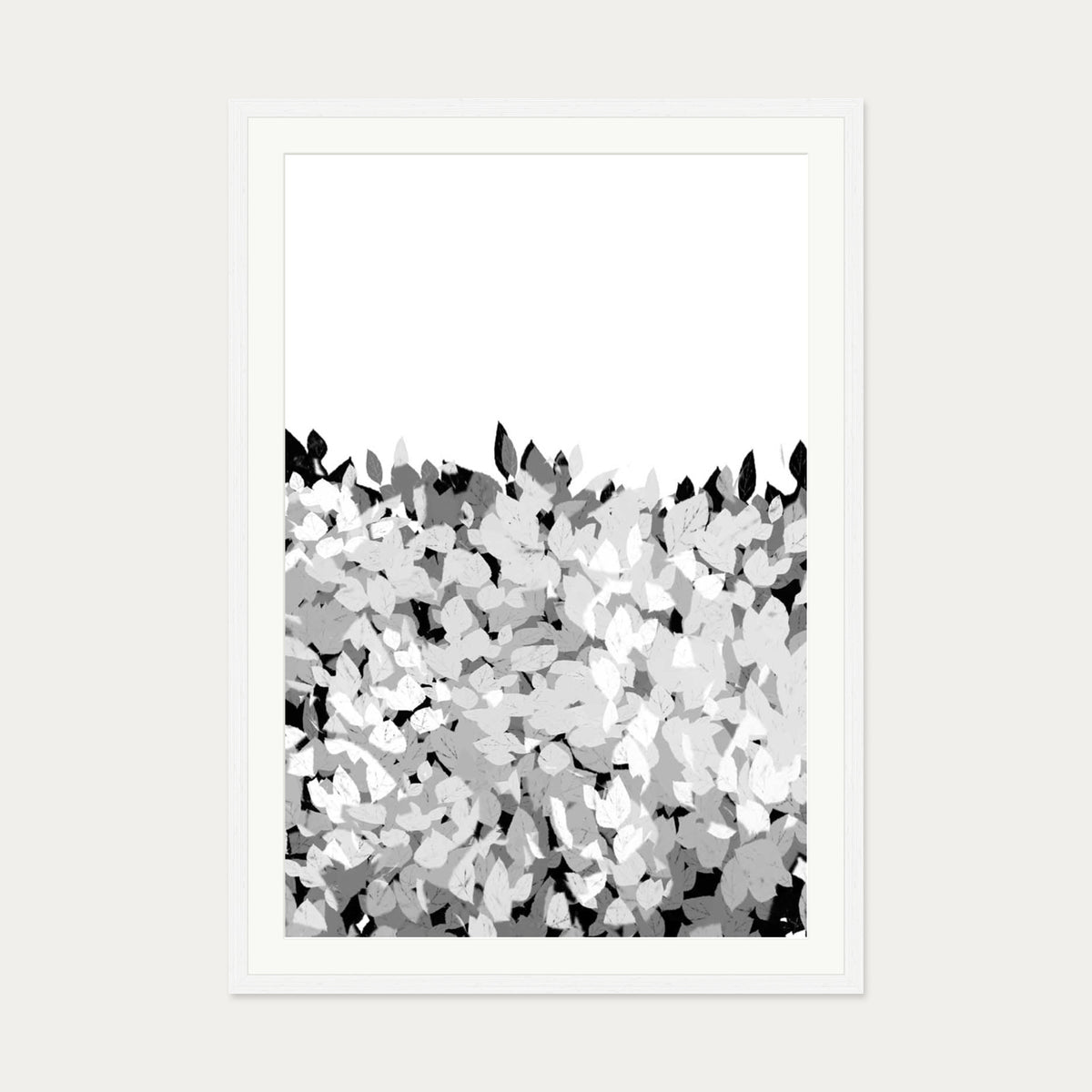 Grey Tonal Leaves Art Print — 70 x 100 cm — White Frame