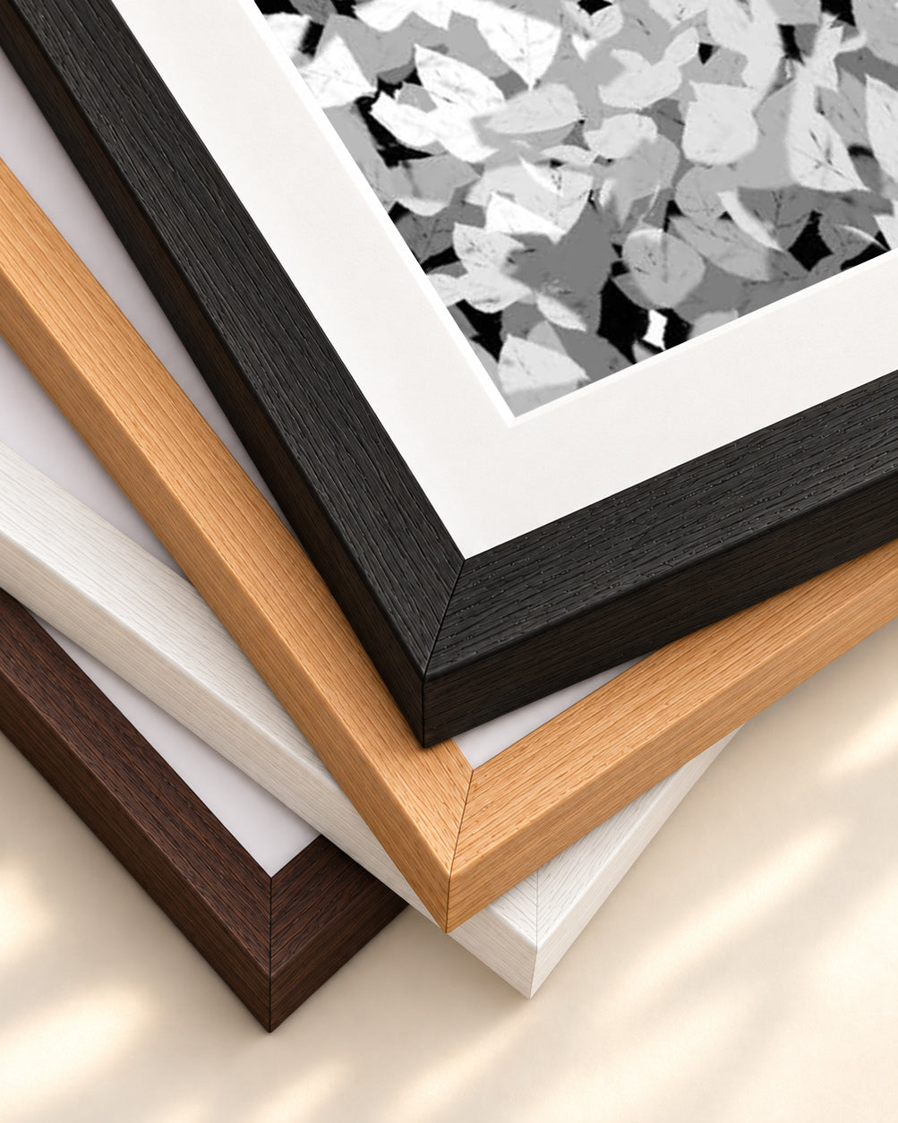 Grey Tonal Leaves Art Print — framed print corner with 5 cm mount and bevel