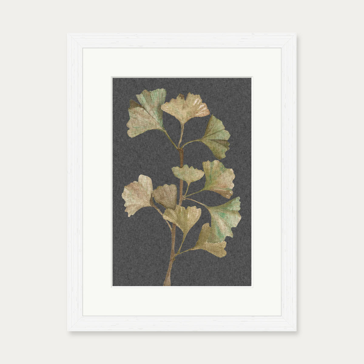 Grey Vintage Botanical Leaf Art Print — 30 x 40 cm — White Frame