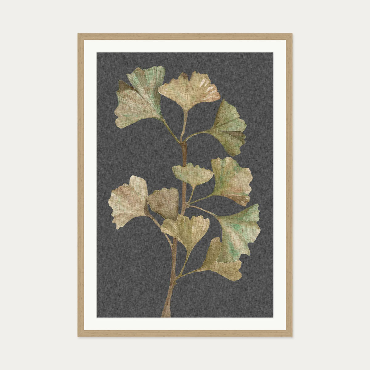 Grey Vintage Botanical Leaf Art Print — 70 x 100 cm — Oak Frame