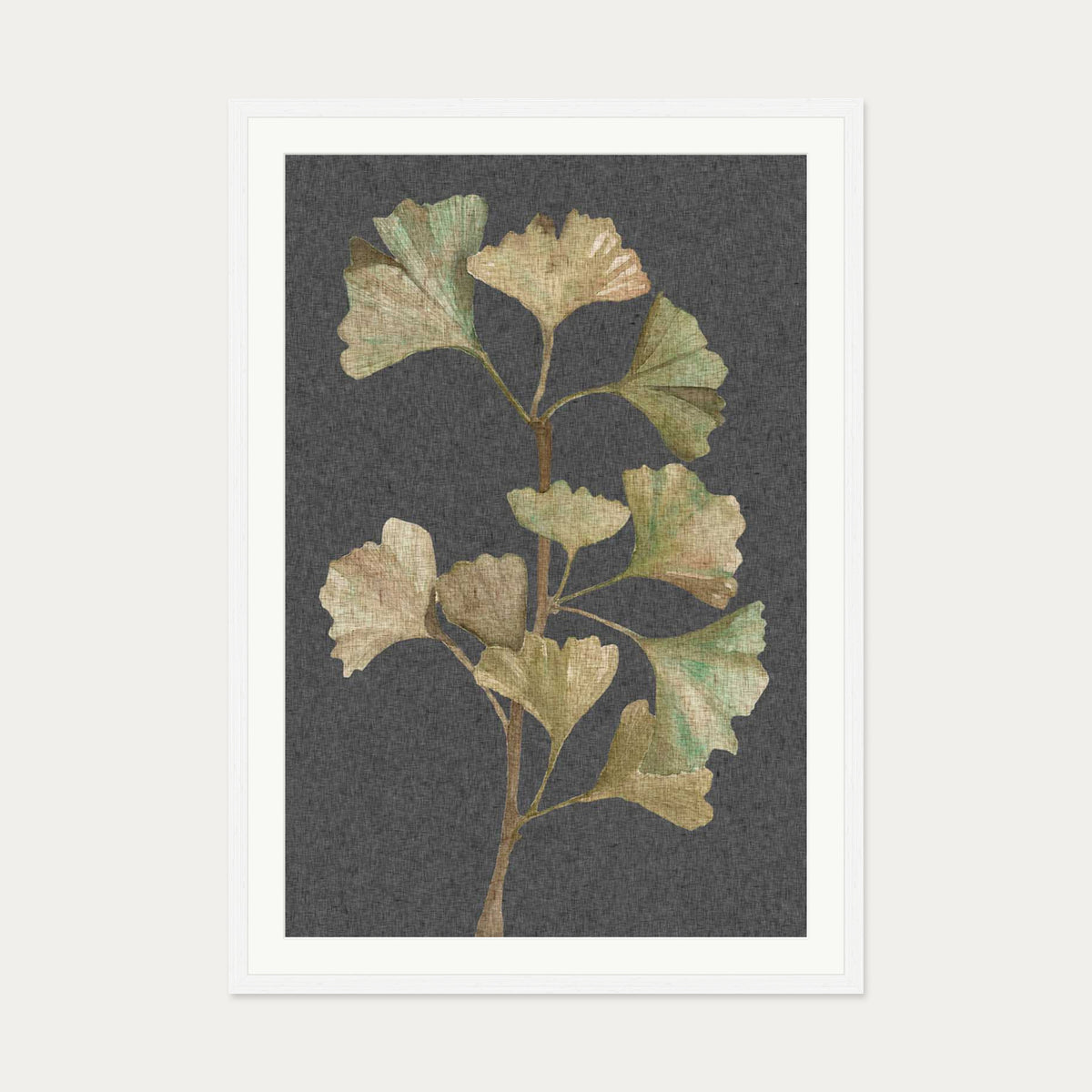 Grey Vintage Botanical Leaf Art Print — 70 x 100 cm — White Frame