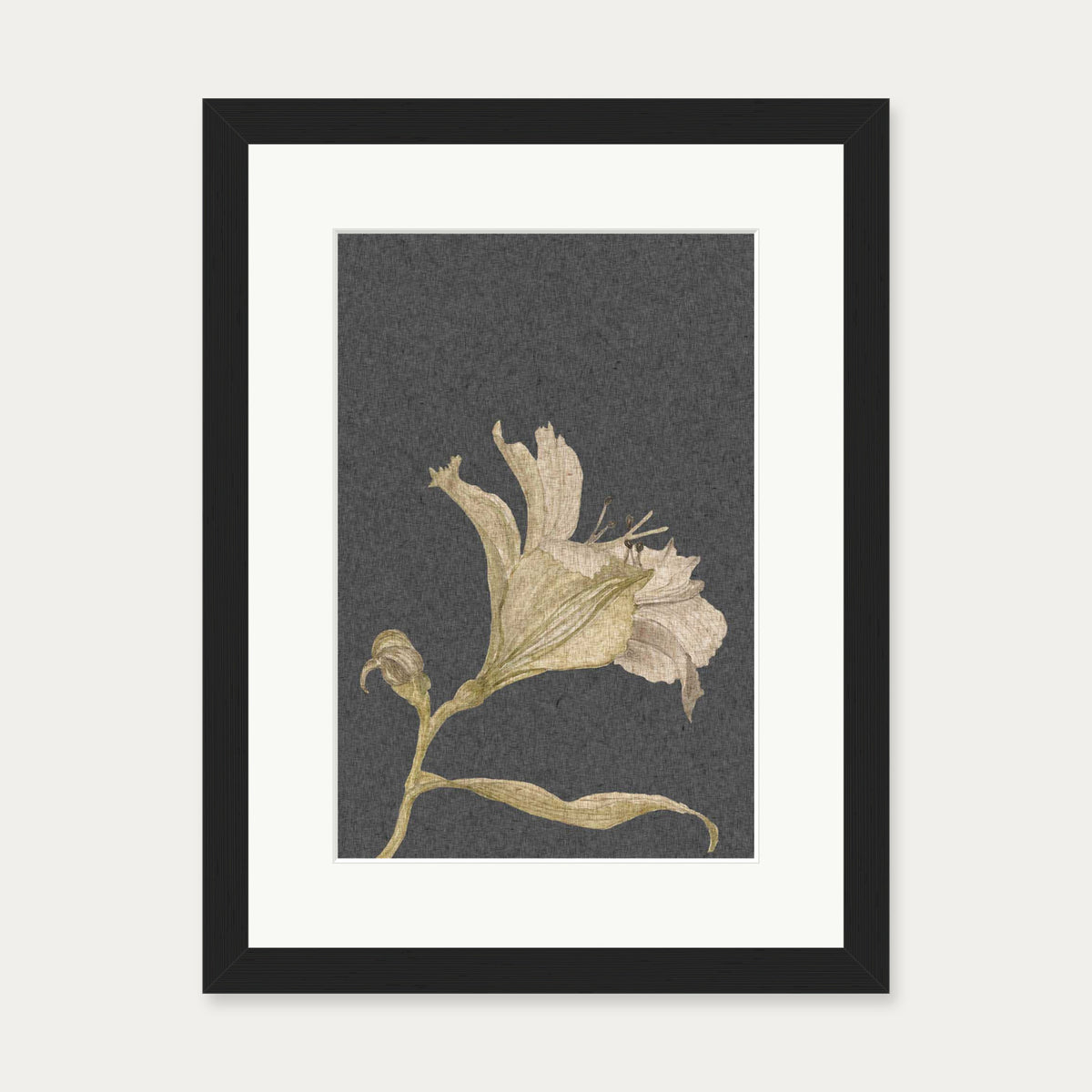 Grey Vintage Floral Stem Art Print — 30 x 40 cm — Black Frame