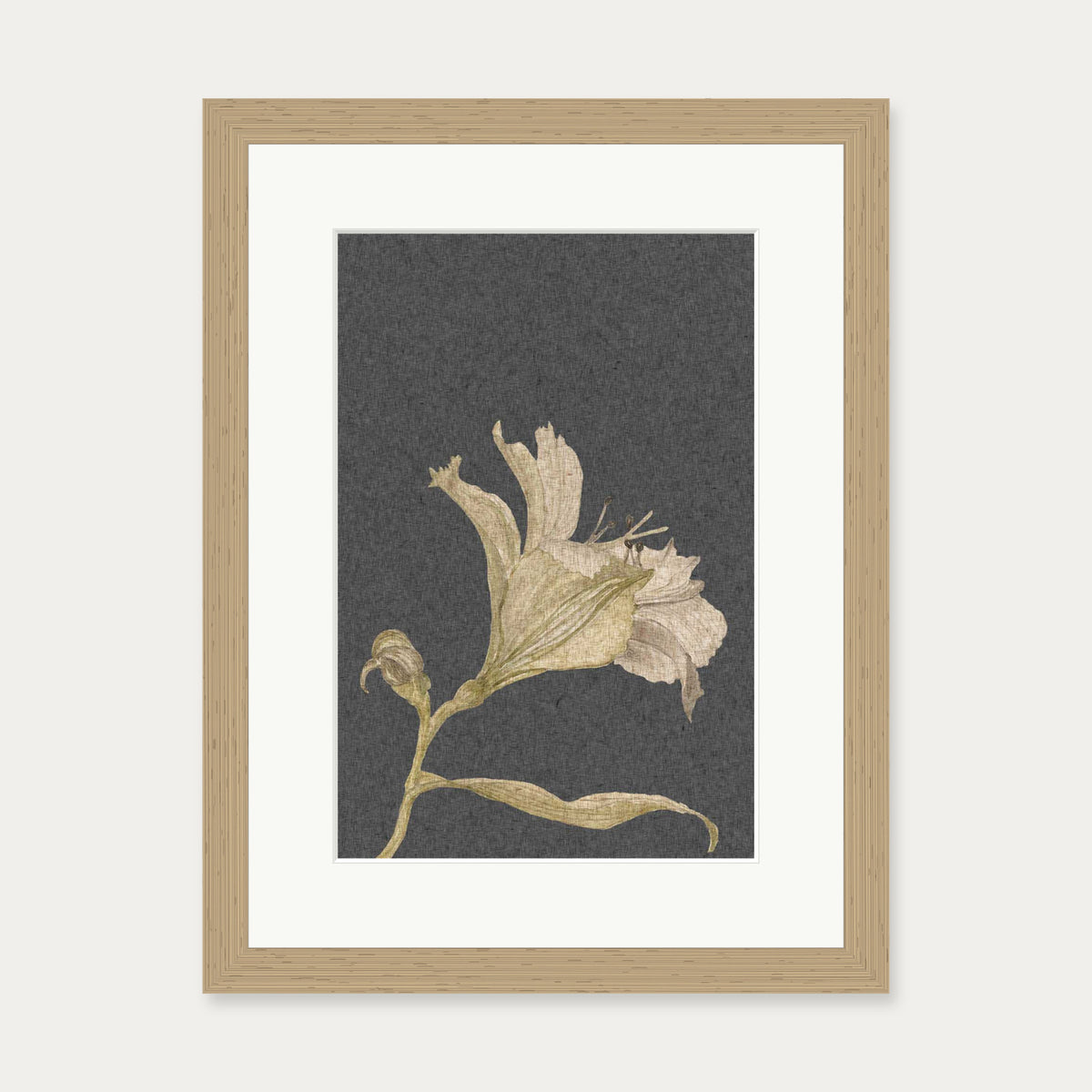 Grey Vintage Floral Stem Art Print — 30 x 40 cm — Oak Frame