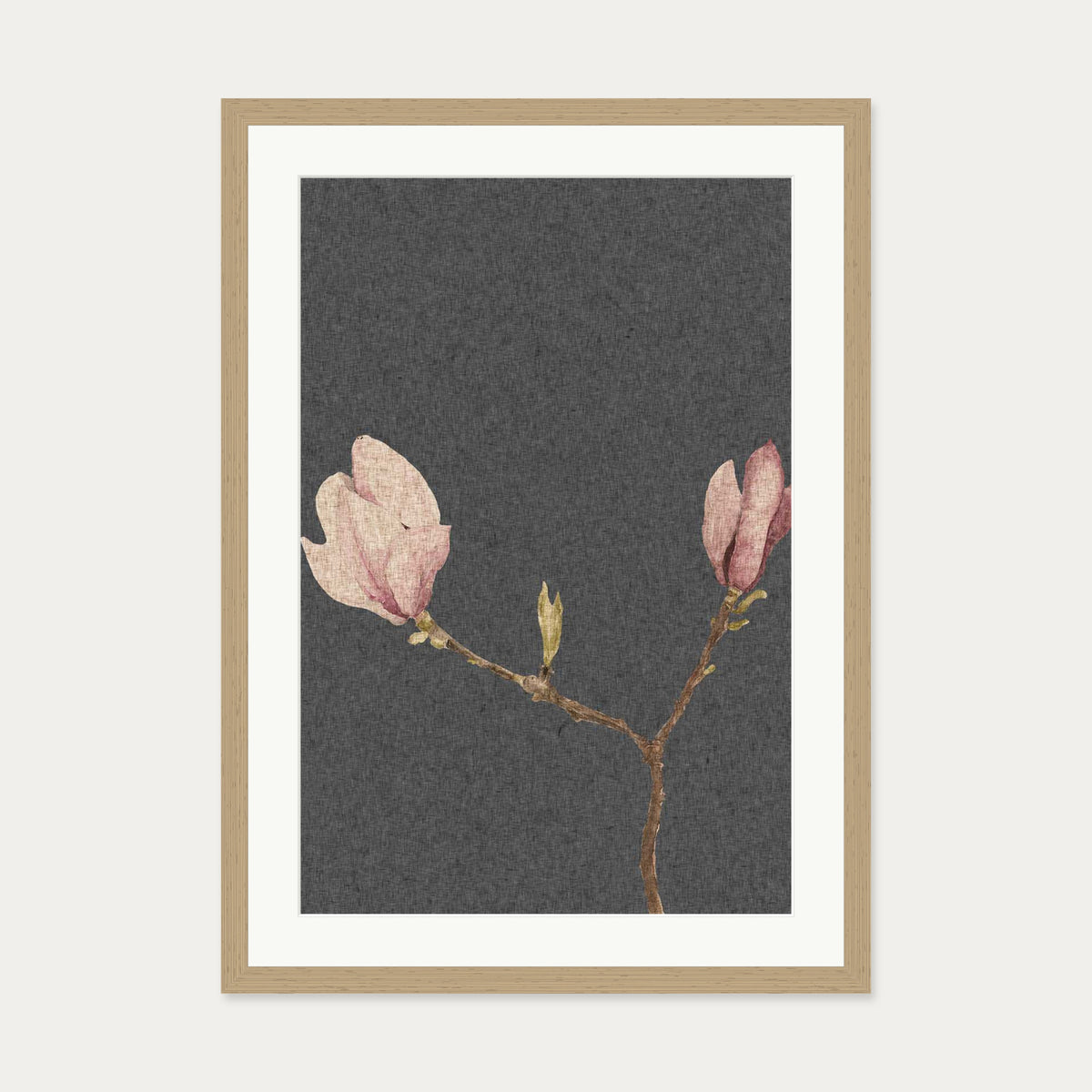 Grey Vintage Rose Art Print — 50 x 70 cm — Oak Frame