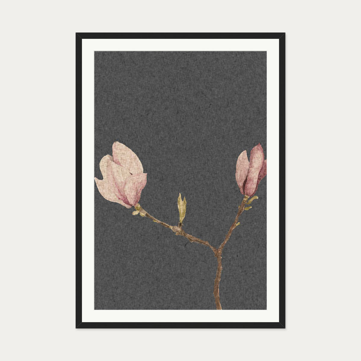 Grey Vintage Rose Art Print — 70 x 100 cm — Black Frame