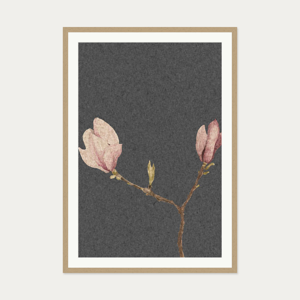Grey Vintage Rose Art Print — 70 x 100 cm — Oak Frame