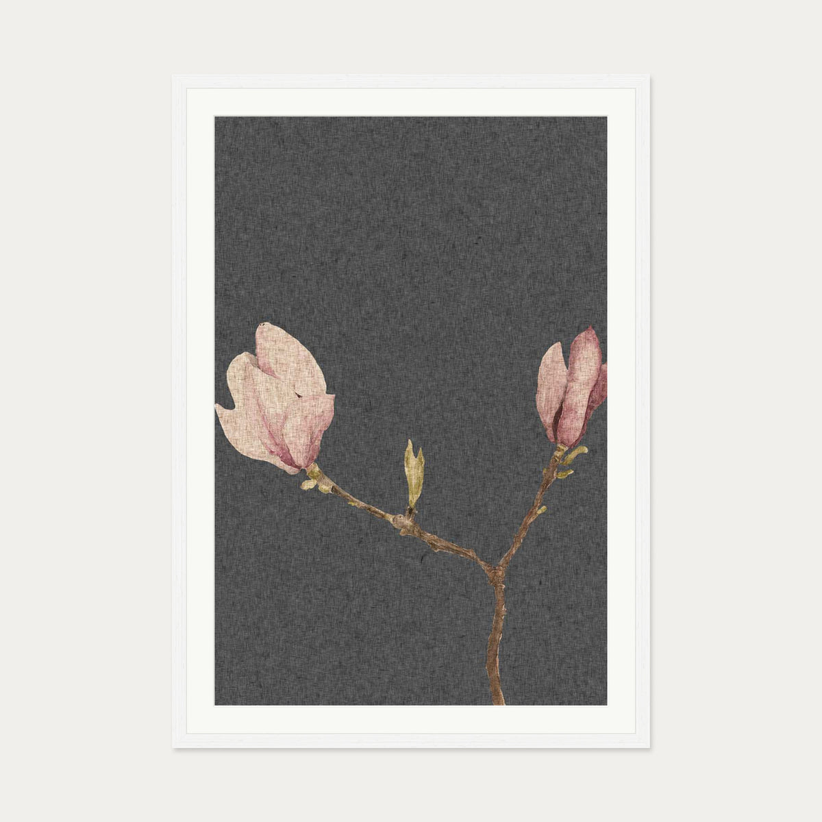 Grey Vintage Rose Art Print — 70 x 100 cm — White Frame