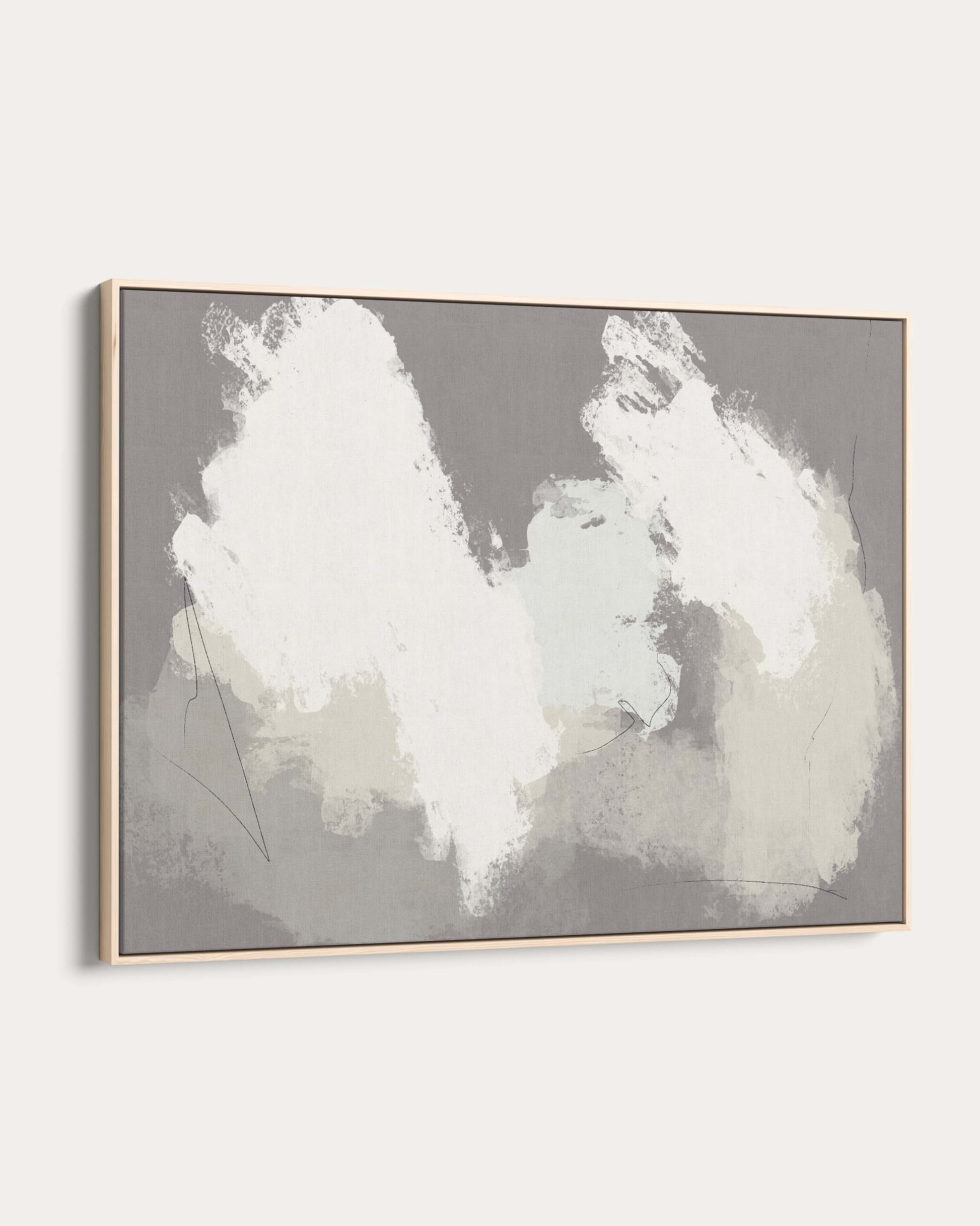 Abstract art piece with white shapes on a gray background