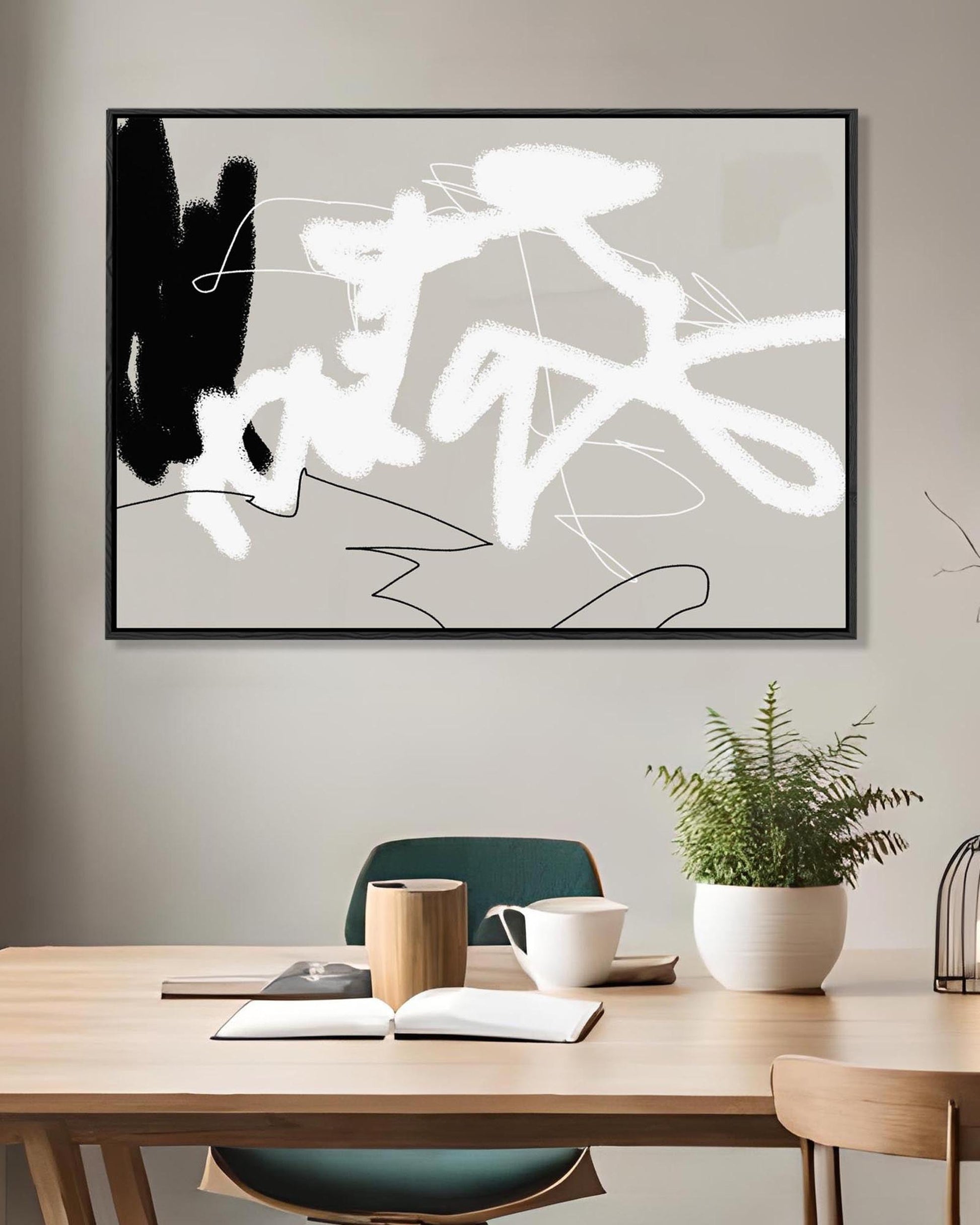 contemporary modern grey and white wall art print on canvas above dining table