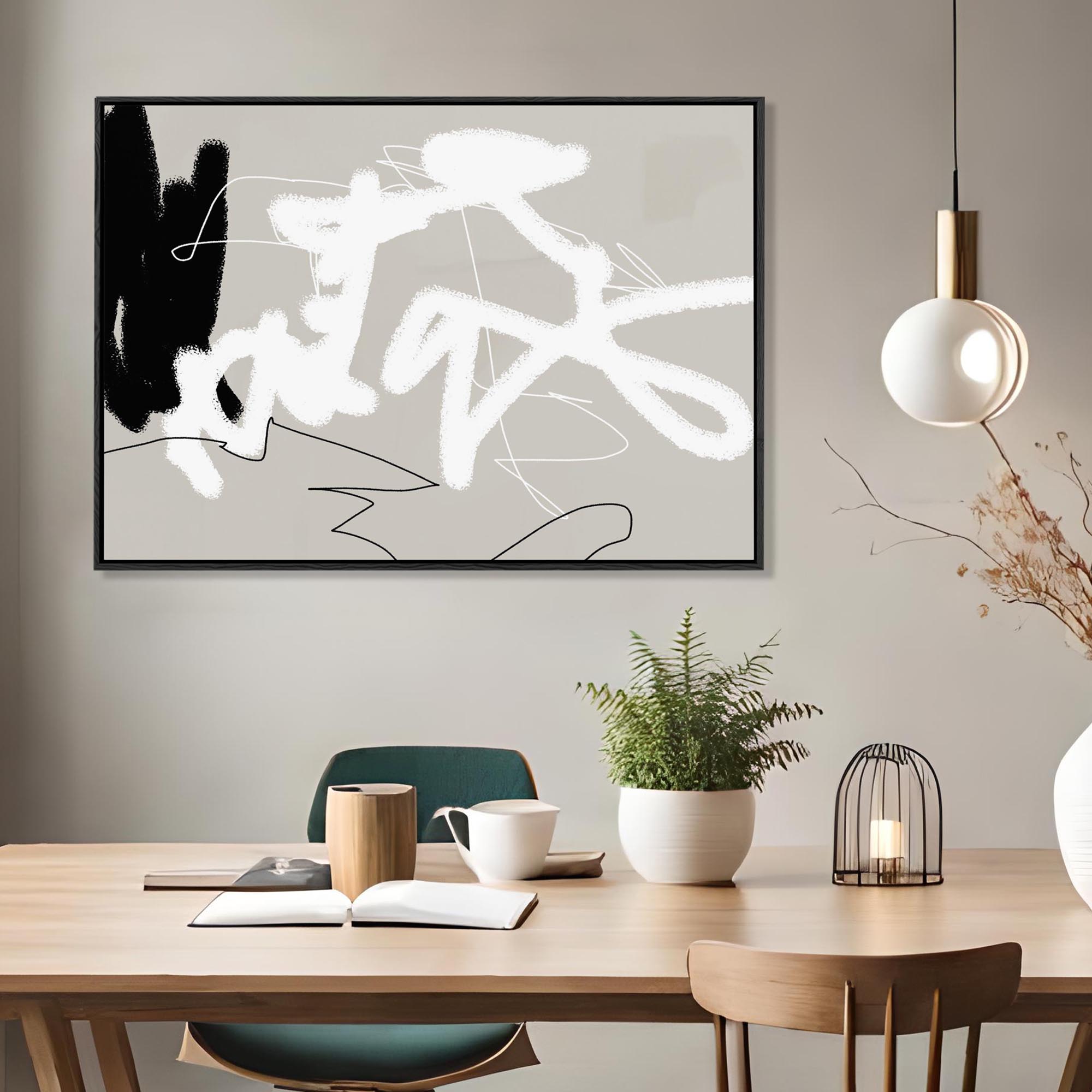 contemporary modern grey and white wall art print on canvas above dining table