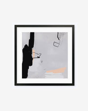 A framed art print with a white mount, featuring an abstract botanical watercolor painting with elements in yellow and black on a gray background.