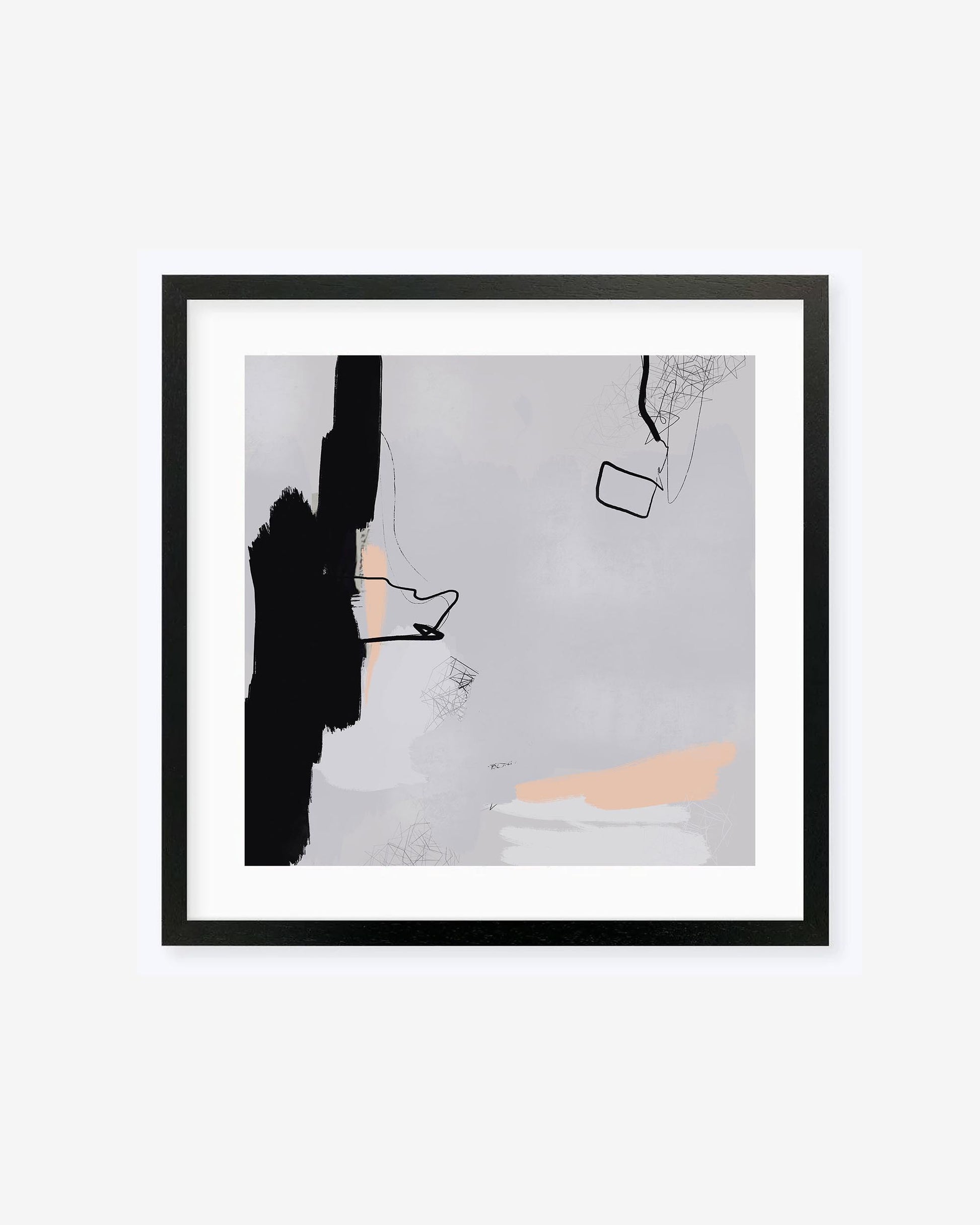 A framed art print with a white mount, featuring an abstract botanical watercolor painting with elements in yellow and black on a gray background.