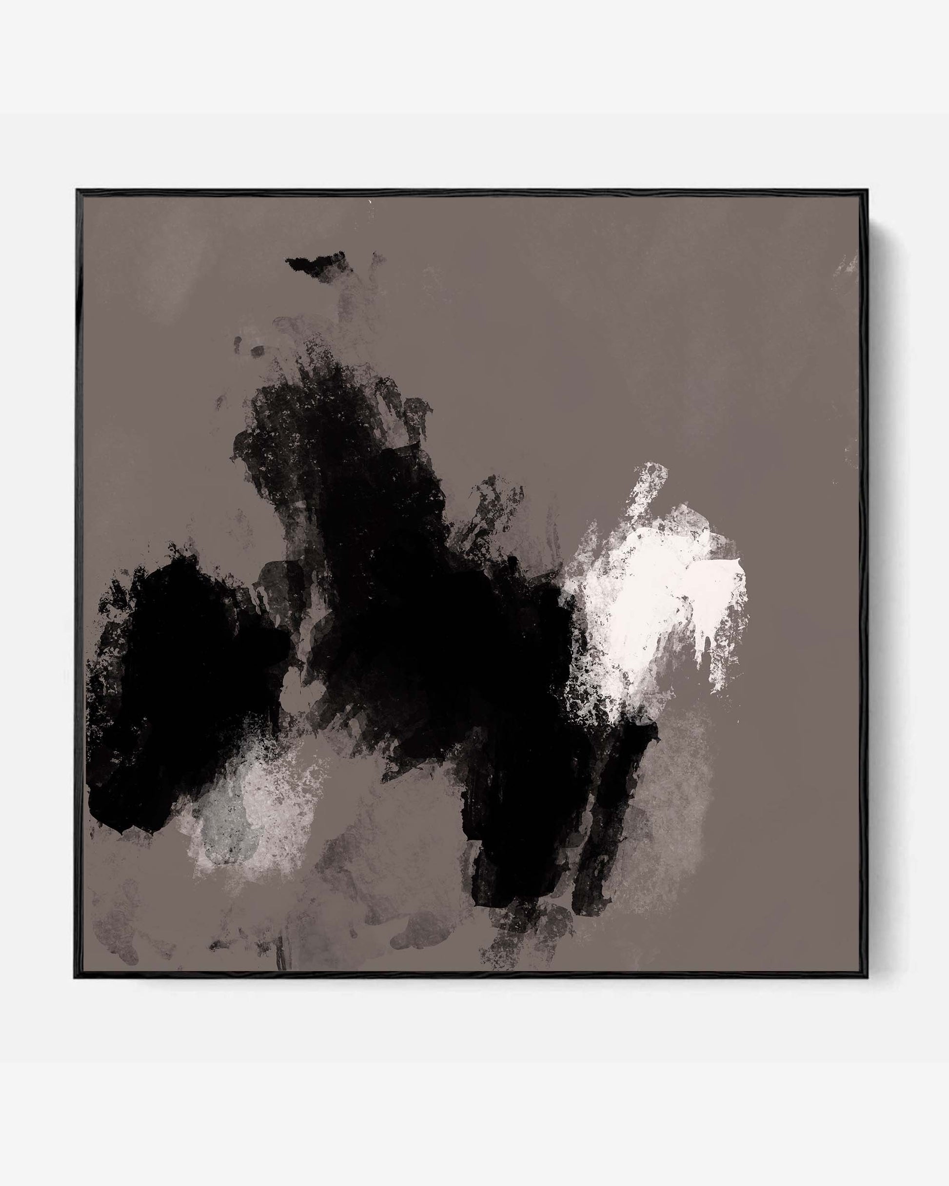 A modern abstract wall art canvas featuring layers of black and white paint on a grey background, framed in a choice of colors.