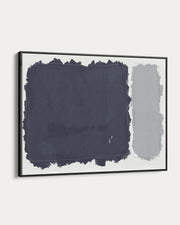 Framed abstract art with dark blue and gray brushstrokes on a white background