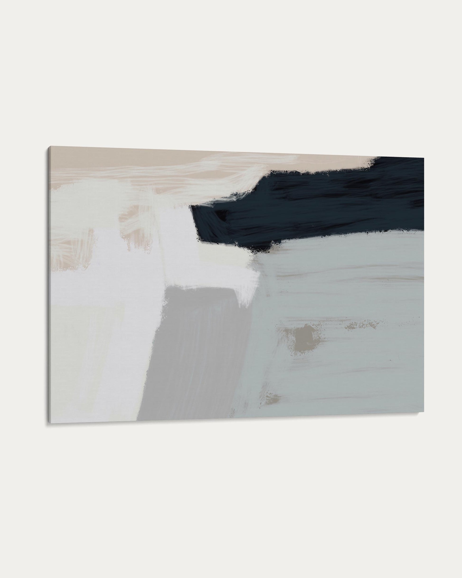 Abstract art piece with geometric shapes in black, white, and gray on a light background