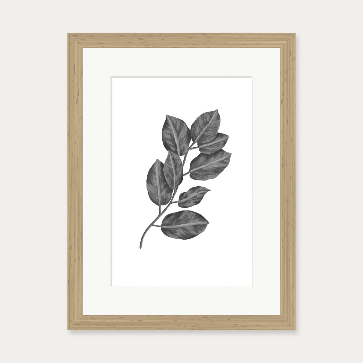 Greyscale Botanical Leaves Art Print — 30 x 40 cm — Oak Frame