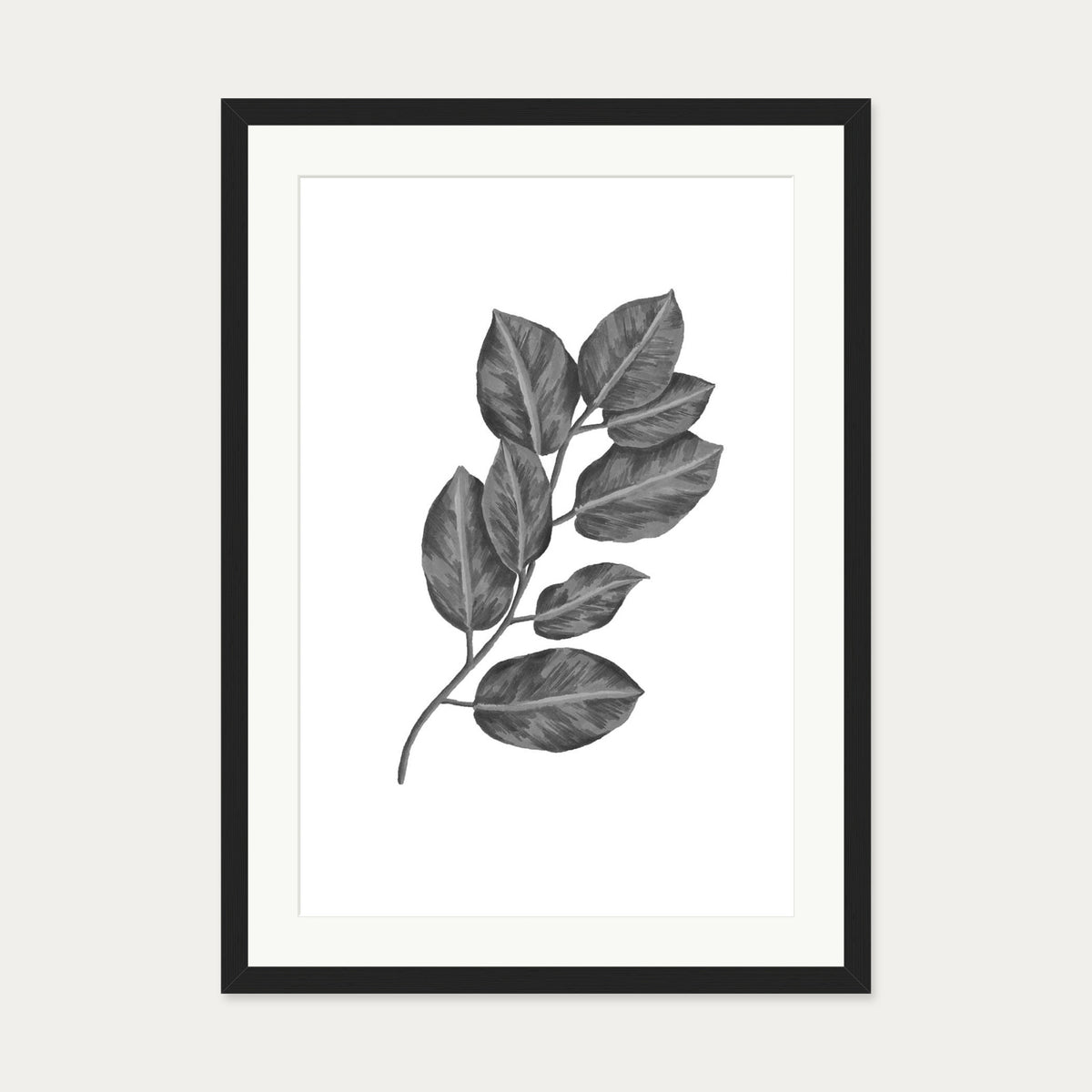 Greyscale Botanical Leaves Art Print — 50 x 70 cm — Black Frame
